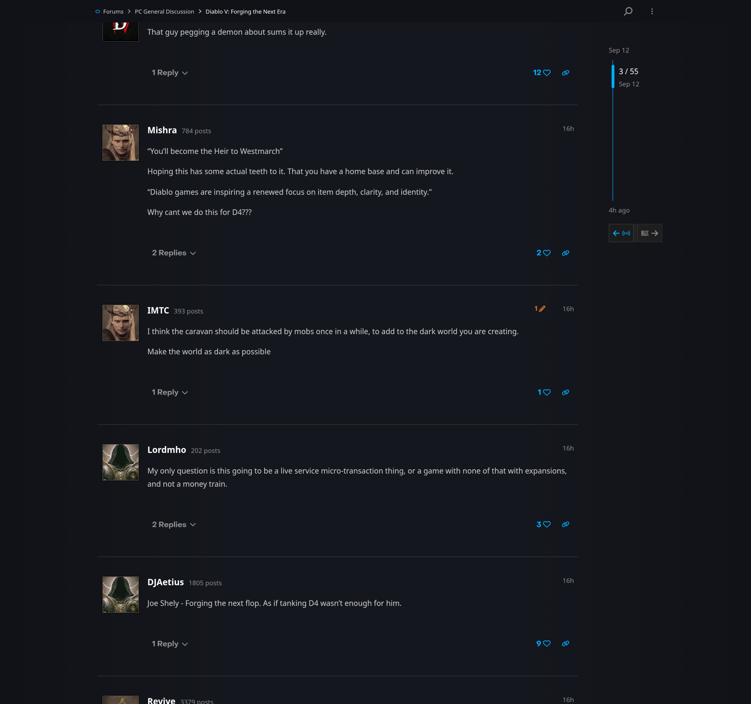 Réactions de joueurs sous le billet officiel de la conférence Diablo V sur les forums Blizzard
