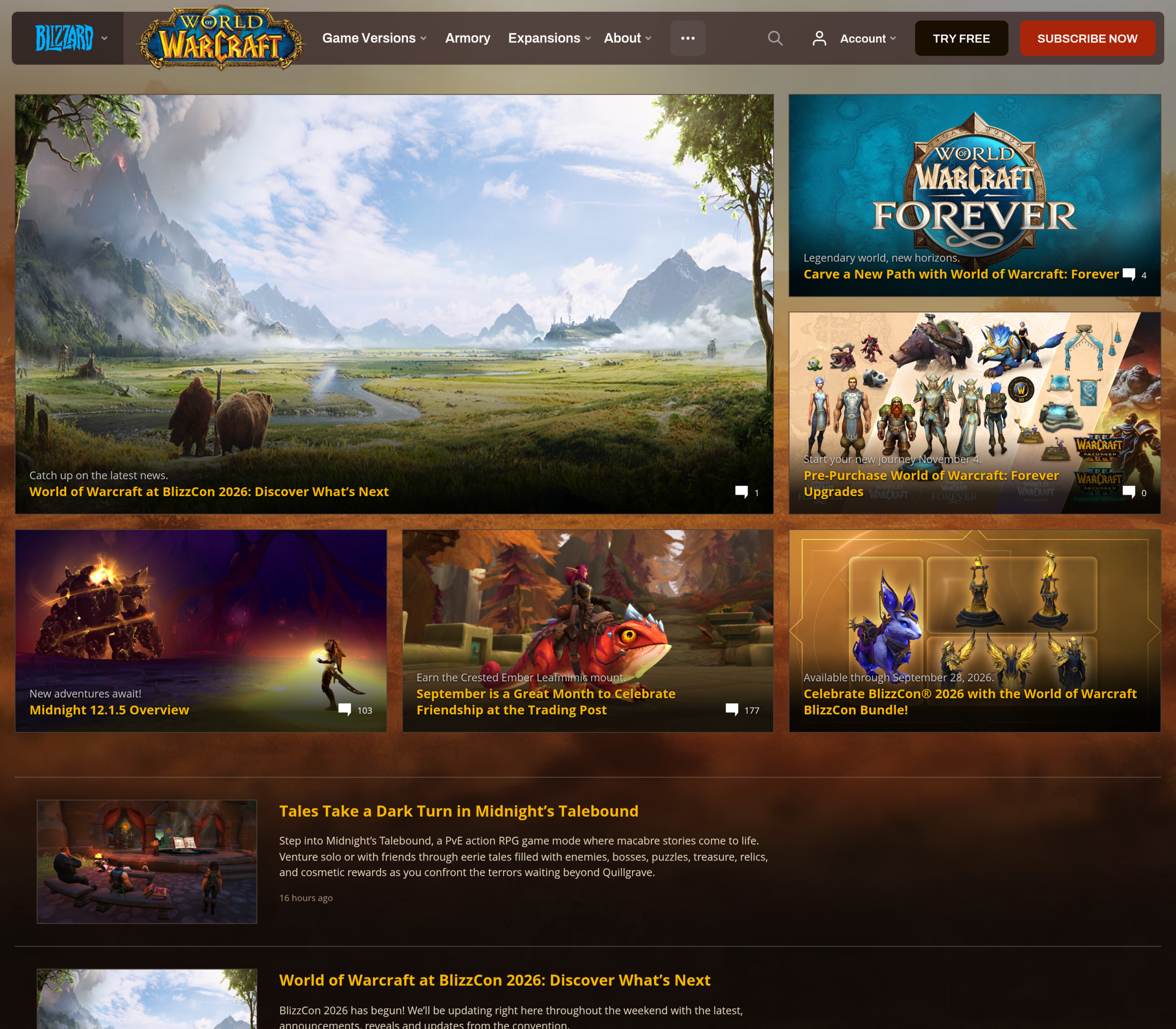 Page d'actualités officielle de World of Warcraft montrant les publications BlizzCon consacrées à Forever et à Midnight