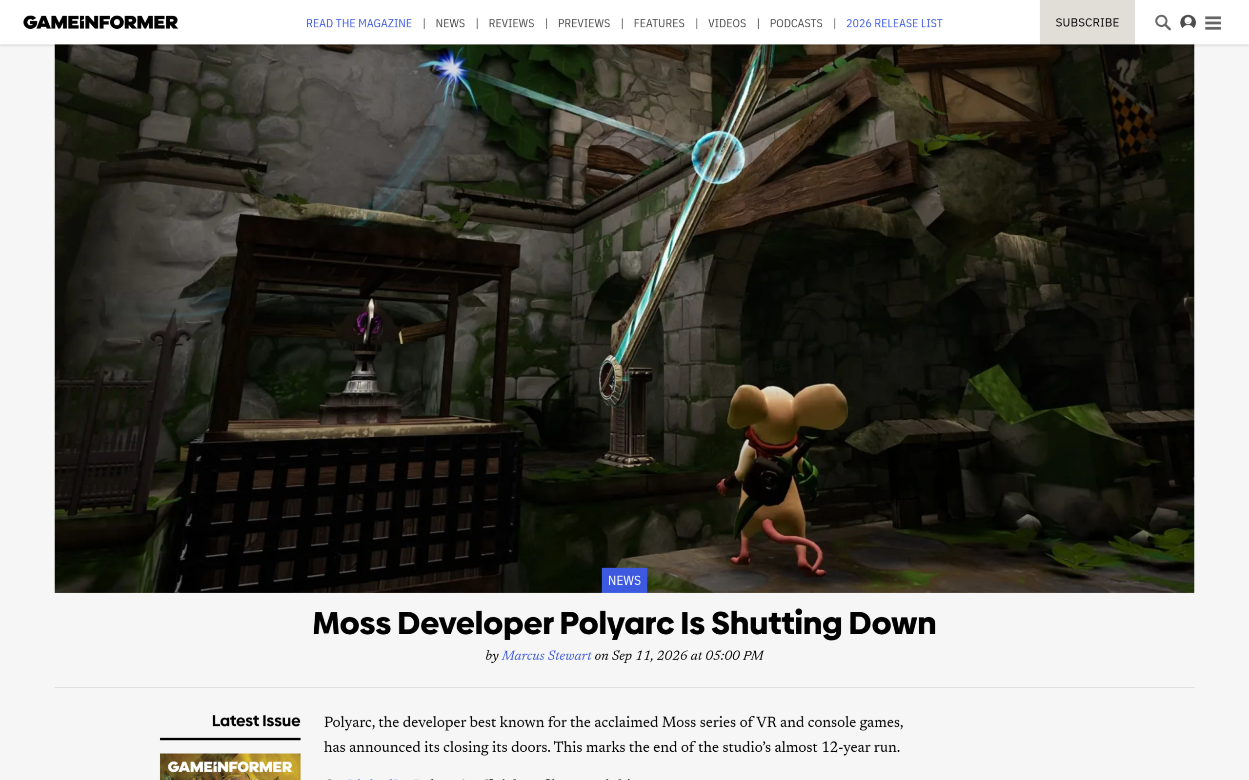 Article de Game Informer annonçant la fermeture de Polyarc, avec une scène de Moss montrant la souris Quill dans des ruines