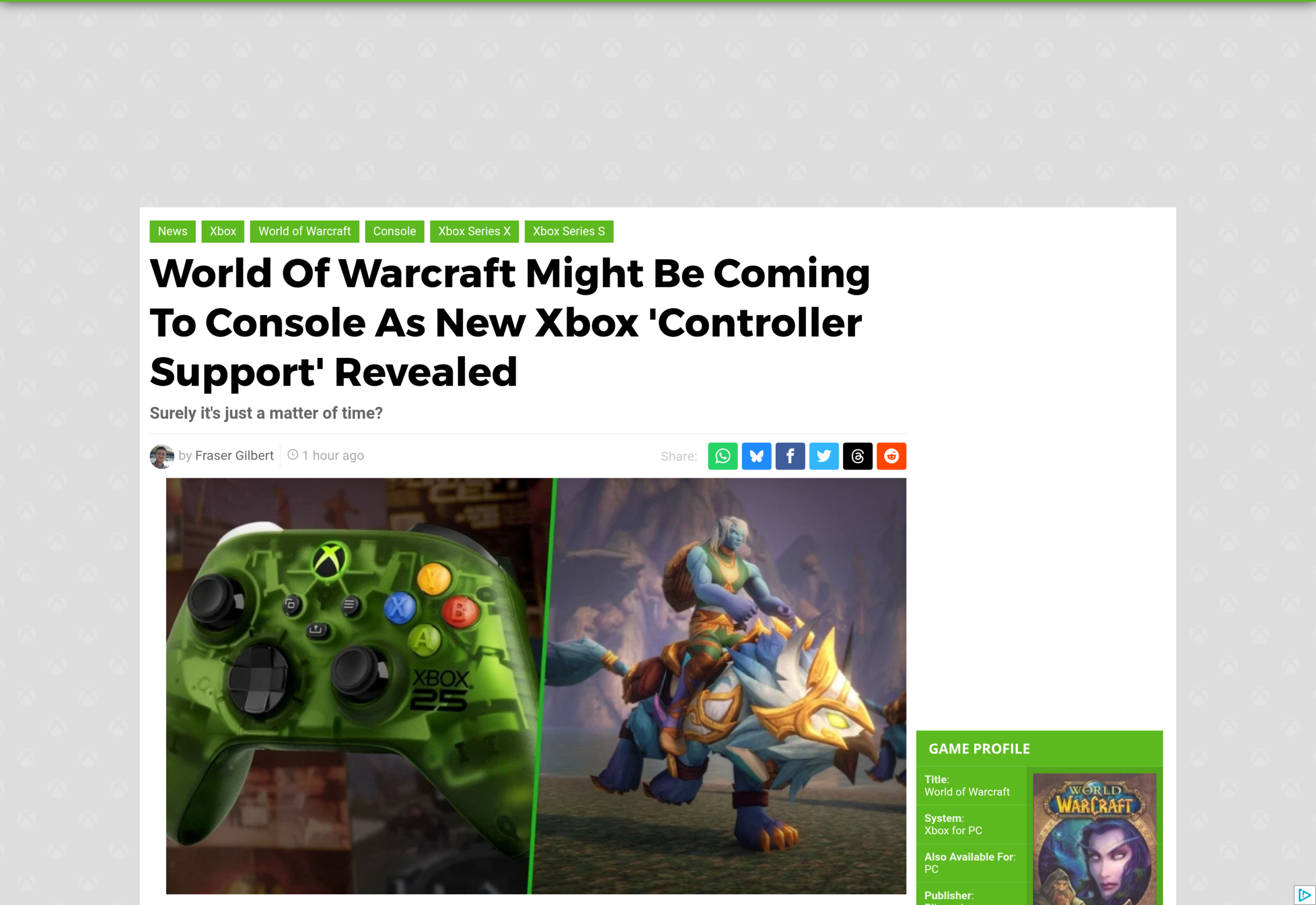 Article de PureXbox montrant une manette Xbox verte à côté d'un personnage de World of Warcraft