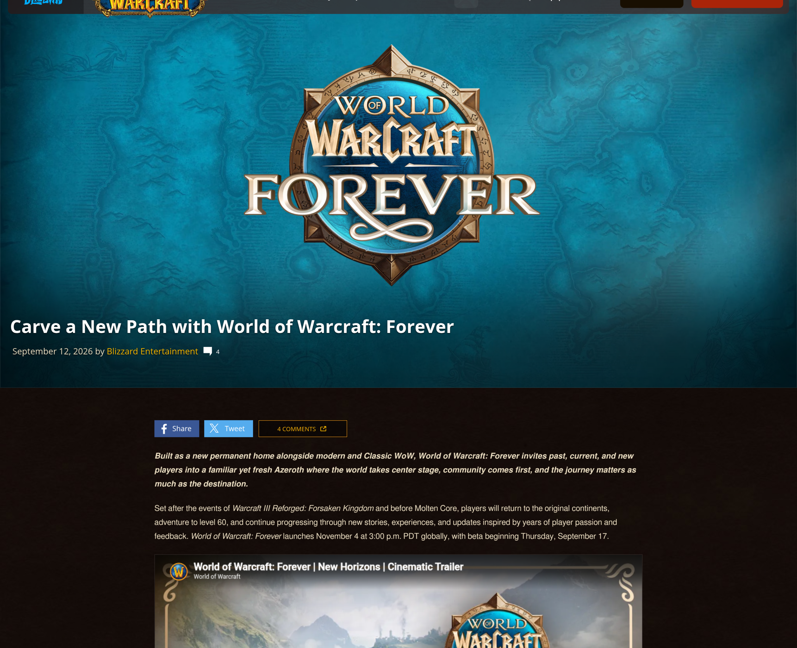 Page officielle de World of Warcraft: Forever annonçant la sortie du 4 novembre