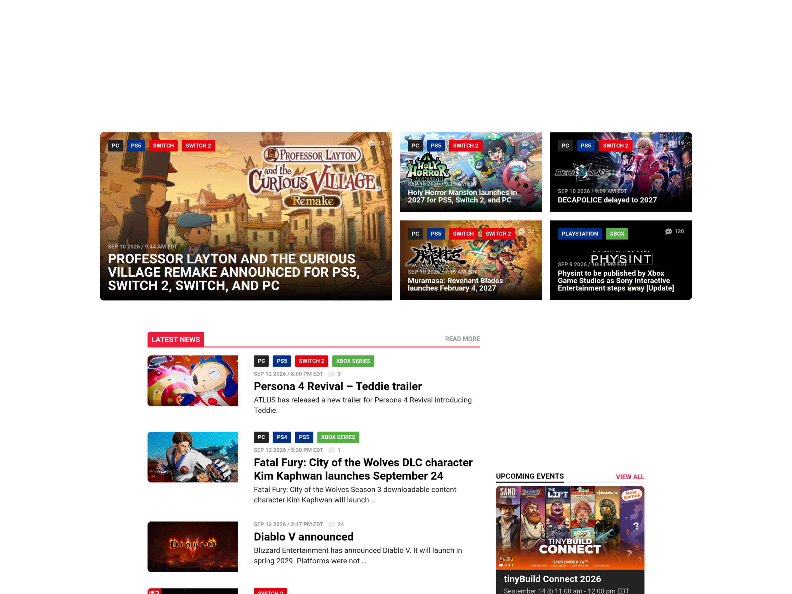 Page d'accueil de Gematsu listant les annonces de la présentation Level-5 du 10 septembre 2026, dont le remake de Professor Layton et le report de DECAPOLICE