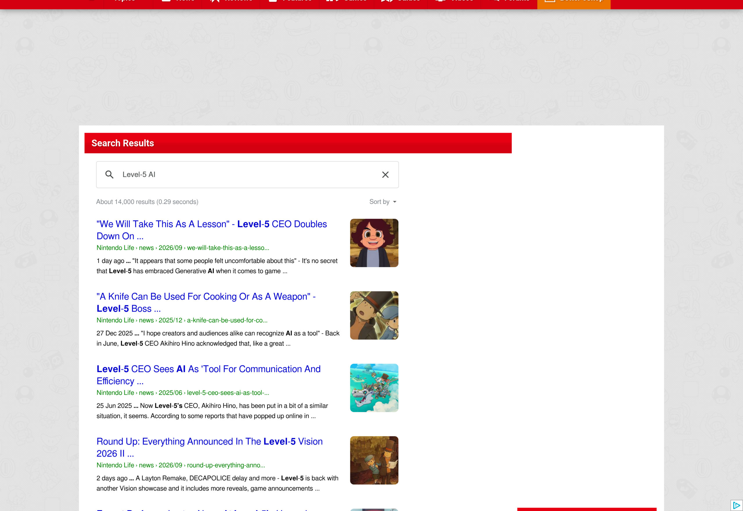 Résultats de recherche Nintendo Life montrant trois articles sur les positions du PDG de Level 5 à propos de l'intelligence artificielle, de juin 2025 à septembre 2026