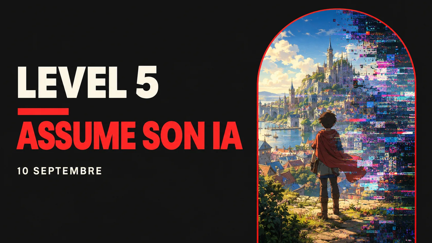 Level 5 et l'IA : affiche montrant une ville de jeu japonais peinte à la main qui se dissout dans un bruit numérique