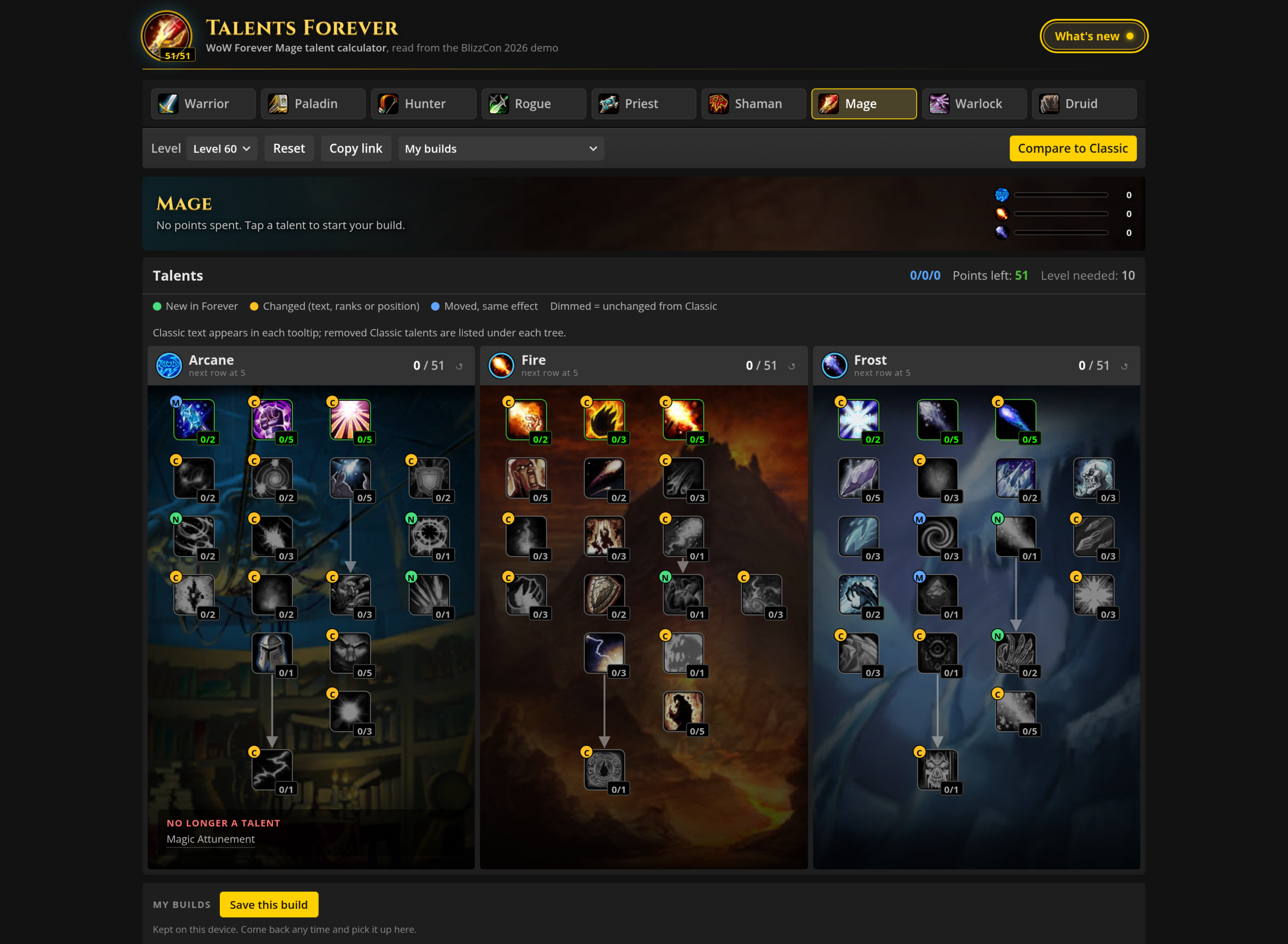 Arbre de talents du mage sur WoW Forever, chaque talent modifié depuis Classic portant une pastille de couleur