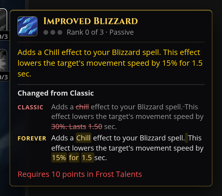Infobulle du talent Blizzard amélioré comparant la version Classic à 30 pour cent et la version WoW Forever à 15 pour cent