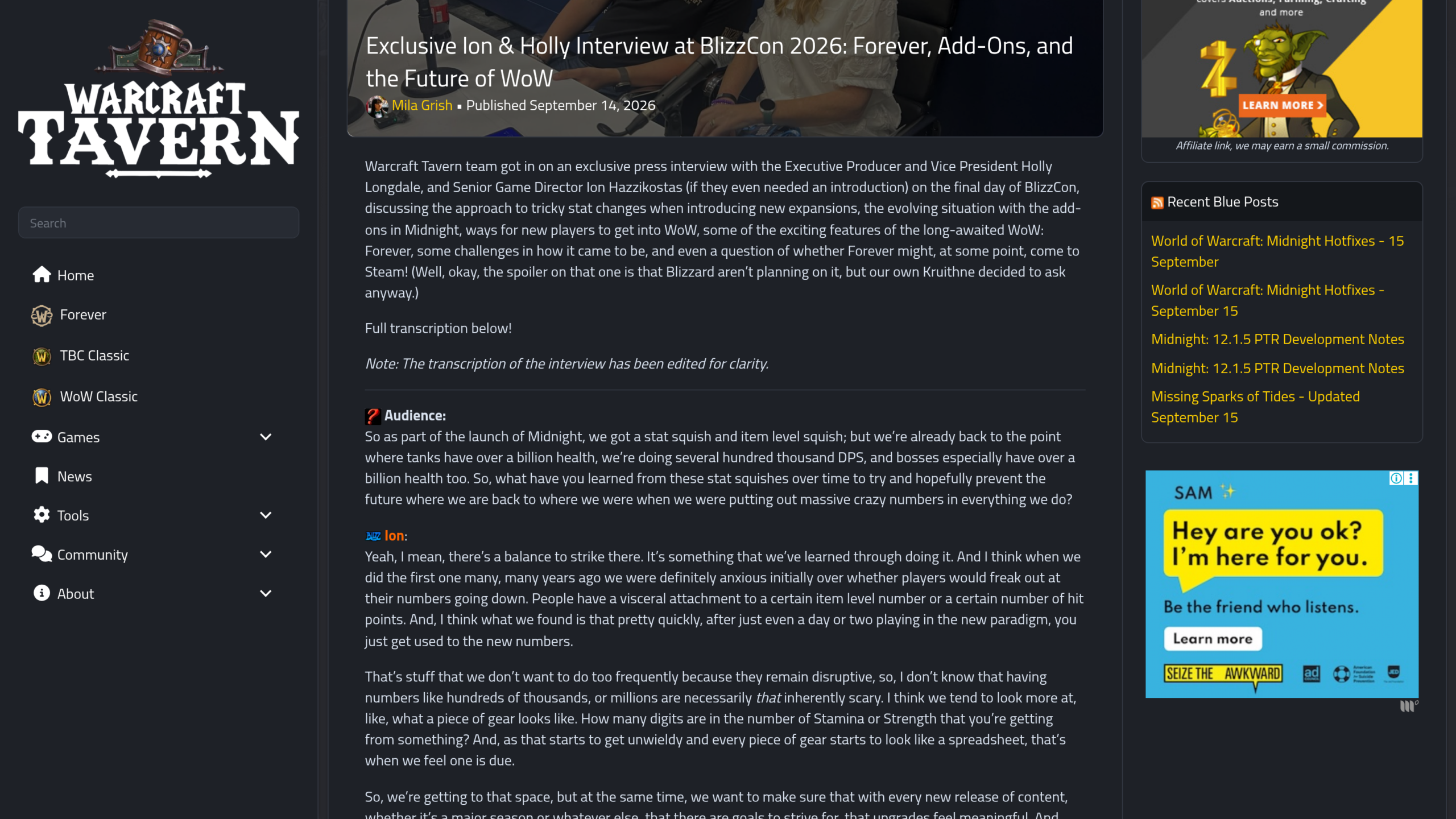 Page de l'interview de Warcraft Tavern avec Ion Hazzikostas et Holly Longdale à la BlizzCon 2026