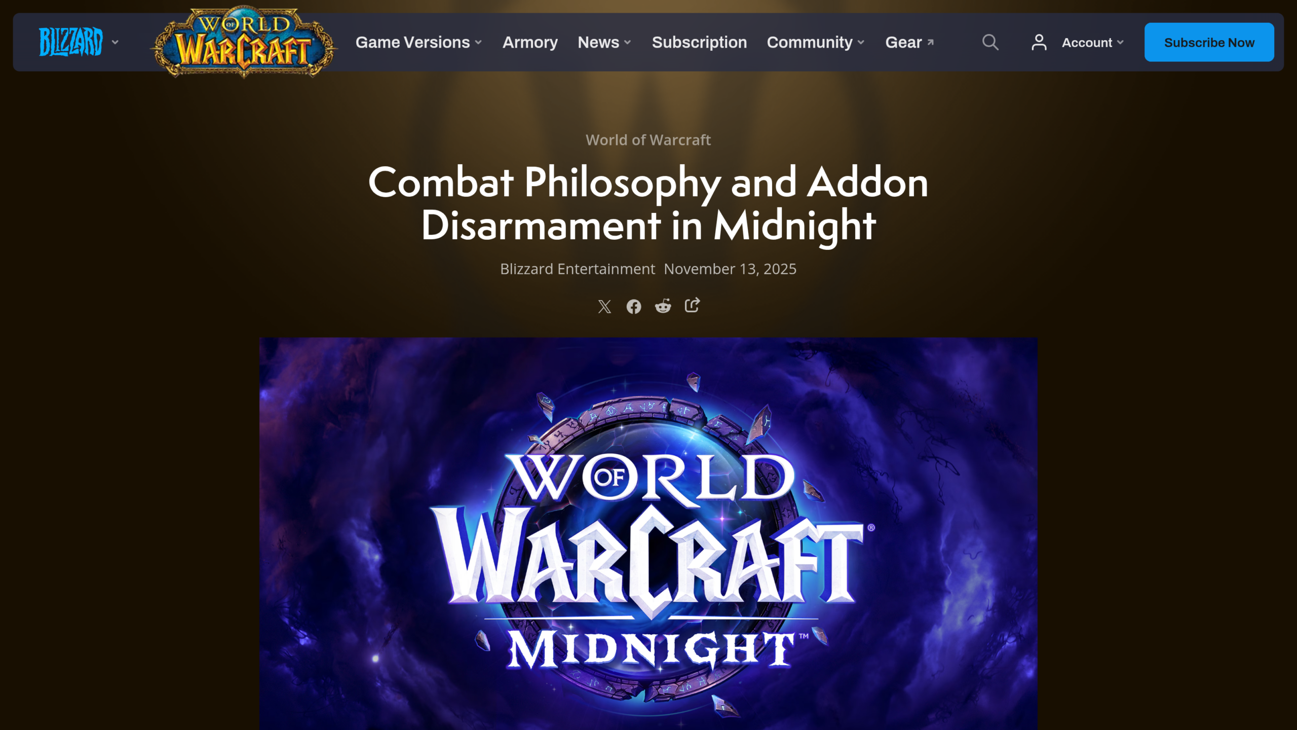 Page officielle de Blizzard Entertainment intitulée Combat Philosophy and Addon Disarmament in Midnight