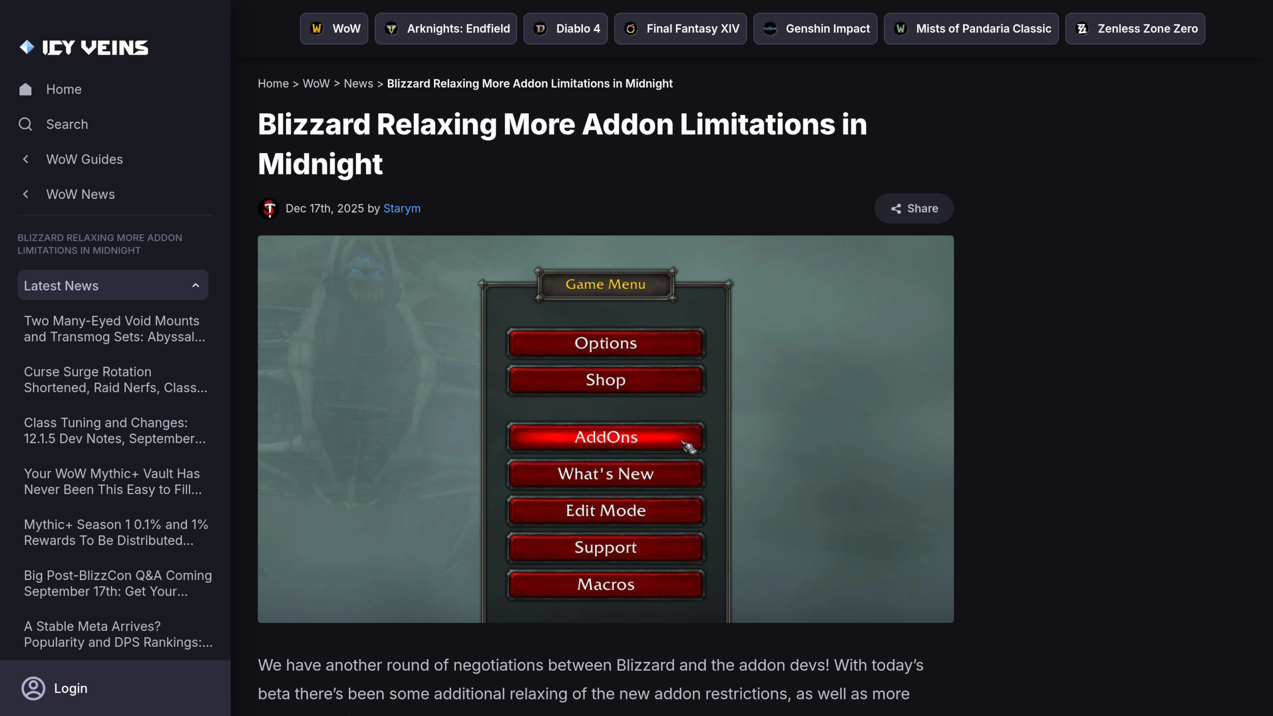 Menu en jeu World of Warcraft avec l'entrée AddOns en surbrillance, capture Icy Veins