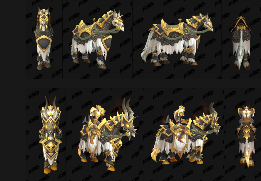 Undead mounts harnessed with golden paladin armor in World of Warcraft Forever, plain and ornate versions
