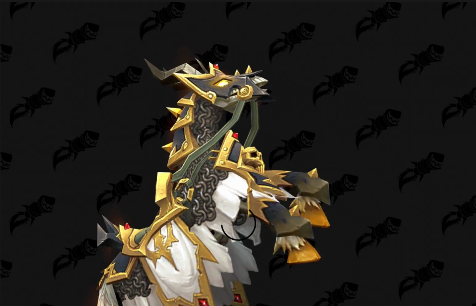 Close-up of the Forsaken Paladin mount, golden armor and Holy Light on an undead horse