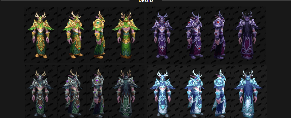 Leaked Druid raid tier armor models for World of Warcraft: Forever, four different color schemes, linked to Mount Hyjal