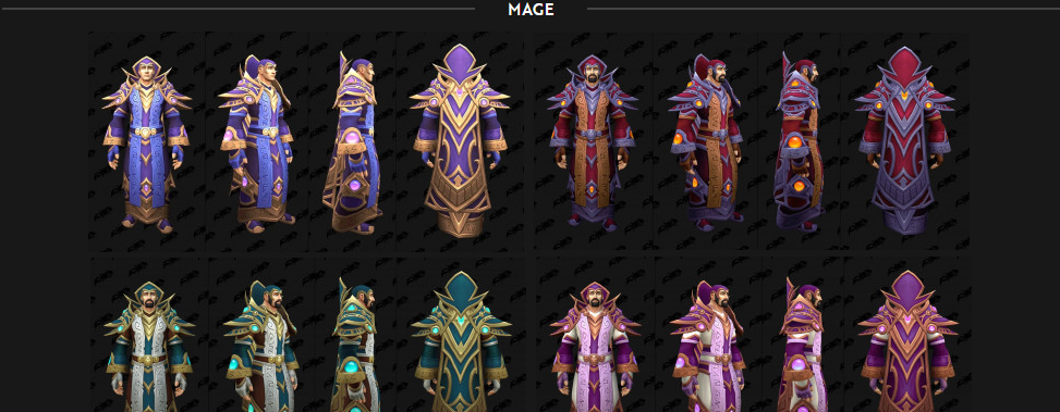 Leaked Mage raid tier armor models for World of Warcraft: Forever, four different color schemes, linked to Mount Hyjal