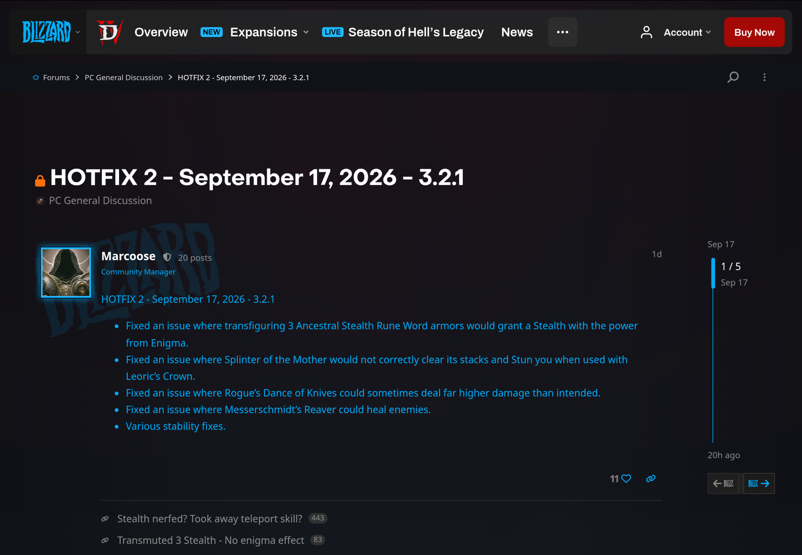 Message du forum officiel Diablo 4 signé Marcoose, Community Manager, listant les cinq lignes du Hotfix 2 du 17 septembre 2026