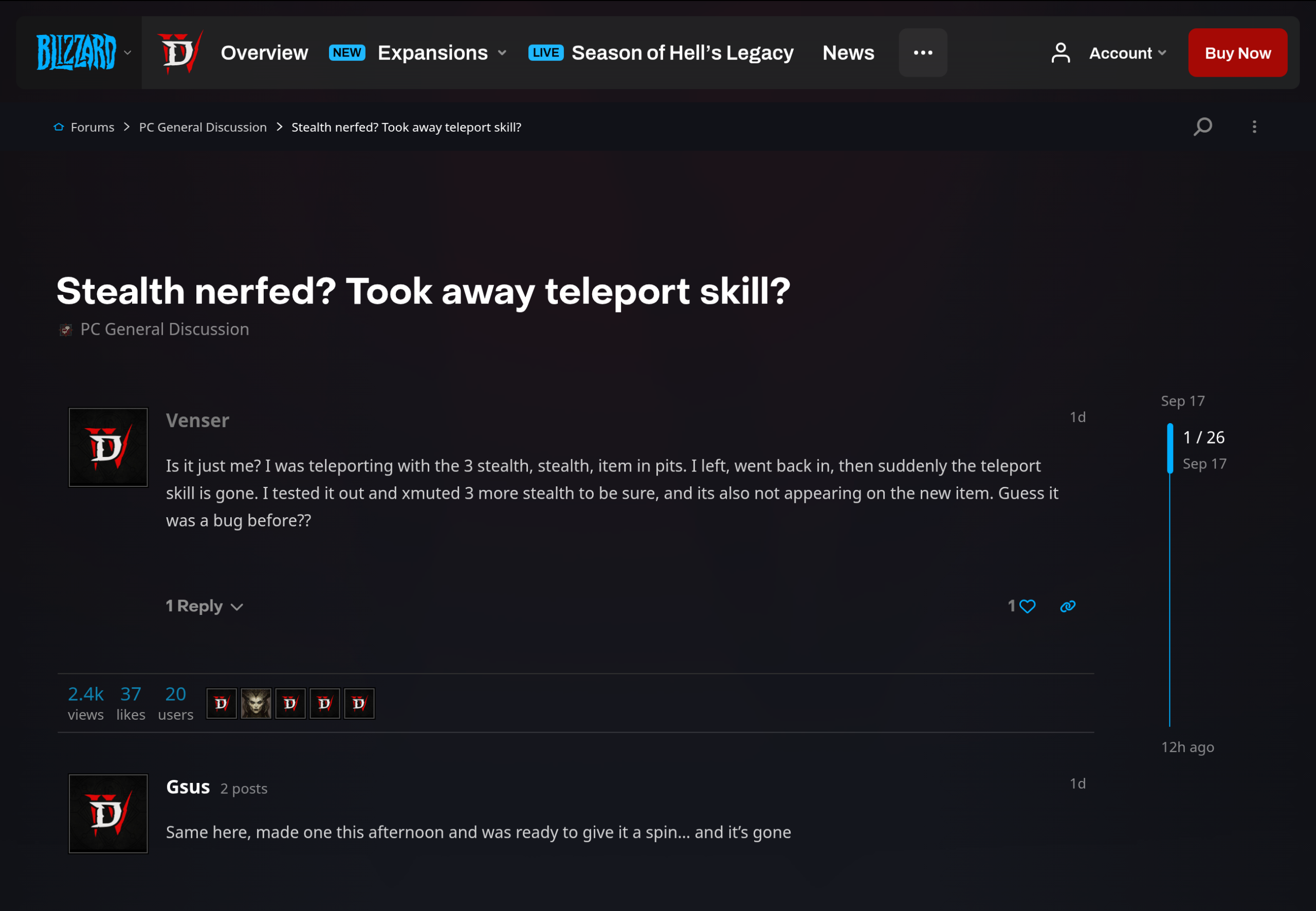 Fil du forum Diablo 4 ouvert par le joueur Venser, qui raconte avoir perdu sa téléportation en retournant dans la Fosse