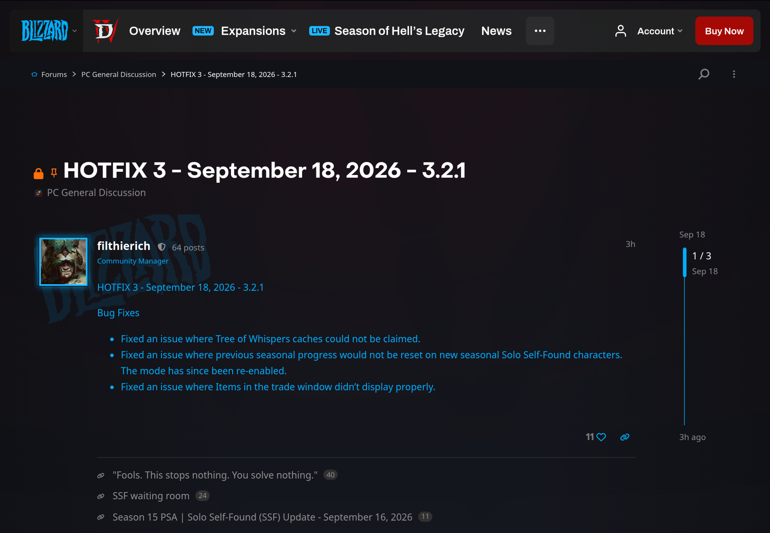 Message du forum officiel Diablo 4 signé filthierich listant les trois corrections du Hotfix 3 du 18 septembre 2026
