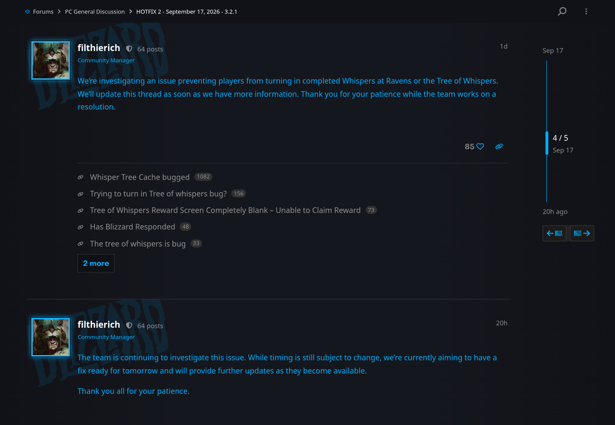 Deux messages de filthierich, Community Manager, sur le forum Diablo 4 : l'enquête sur les Murmures puis l'annonce d'un correctif visé pour le lendemain