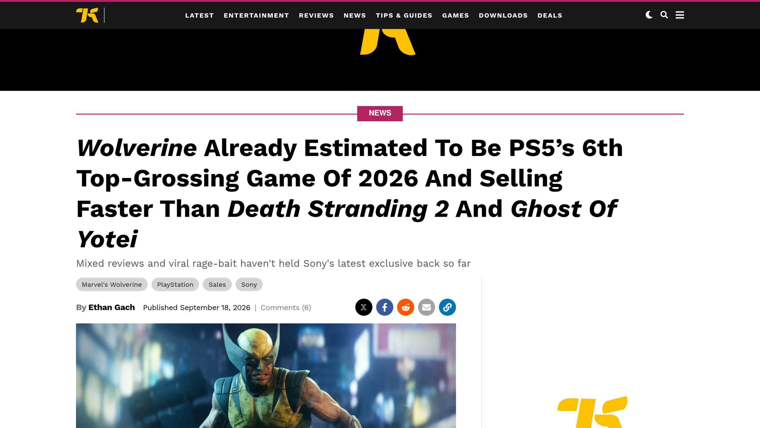Article de Kotaku signé Ethan Gach, publié le 18 septembre 2026, sur Wolverine sixième jeu PS5 le plus rentable de 2026
