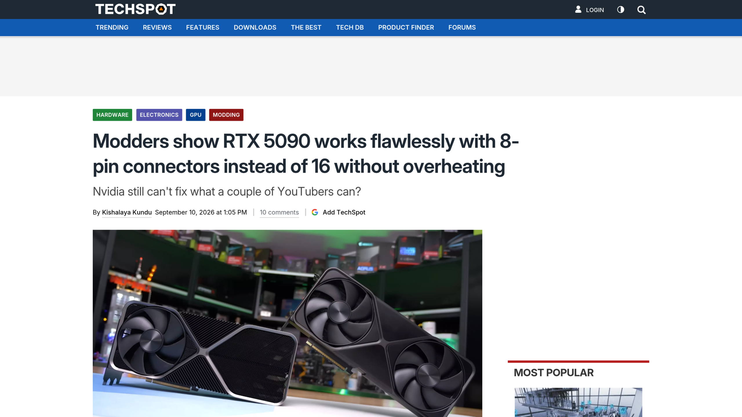 Article de TechSpot signé Kishalaya Kundu, publié le 10 septembre 2026, illustré par deux cartes graphiques RTX 5090