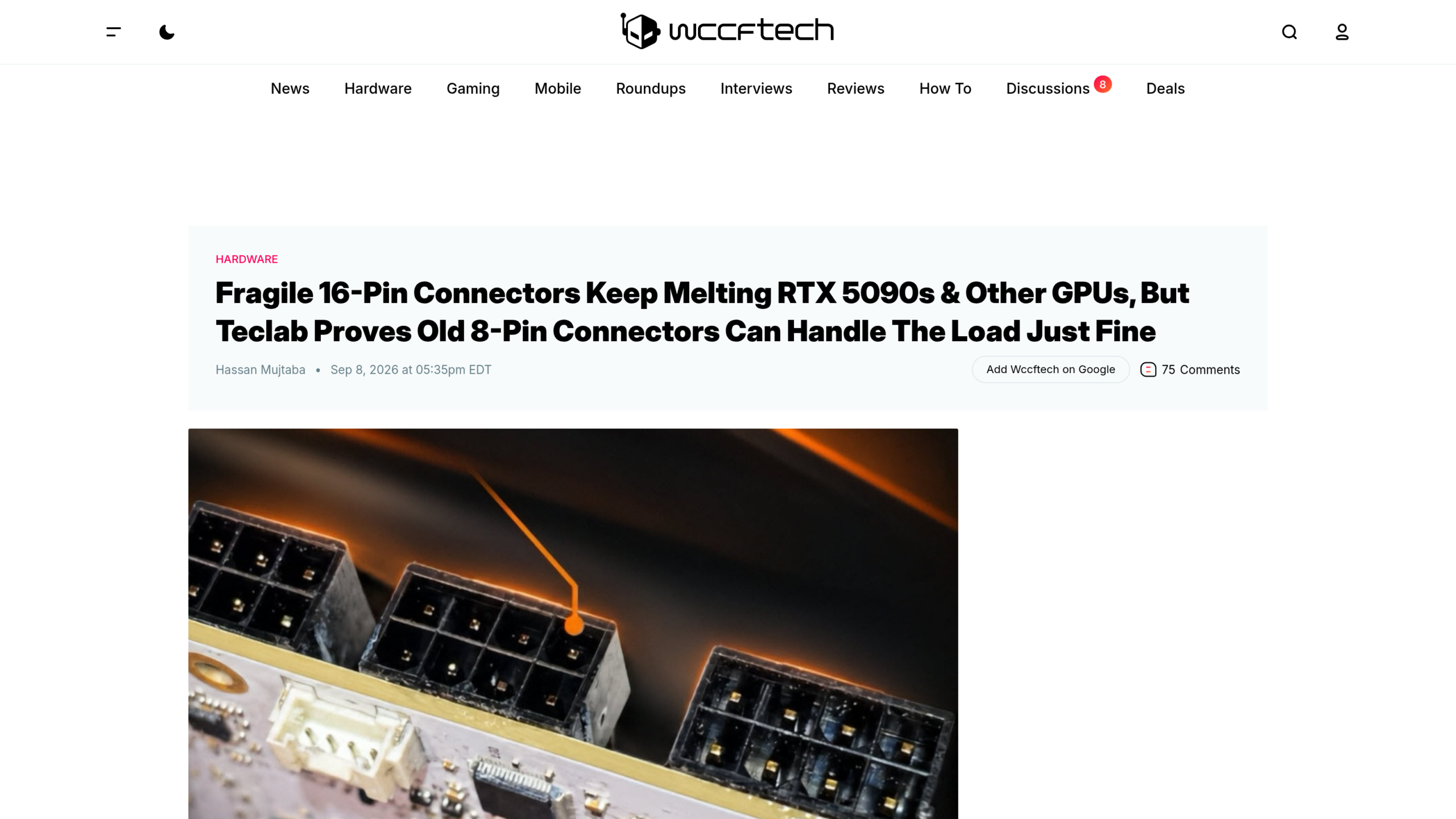 Article de Wccftech signé Hassan Mujtaba, daté du 8 septembre 2026, illustré par trois connecteurs 8 broches soudés sur un circuit imprimé