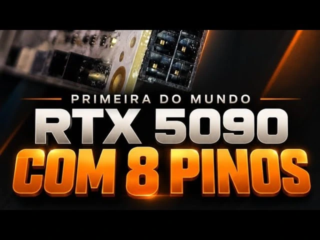 Thumbnail of TecLab's video: a PCB and the Portuguese text Primeira do mundo, RTX 5090 com 8 pinos