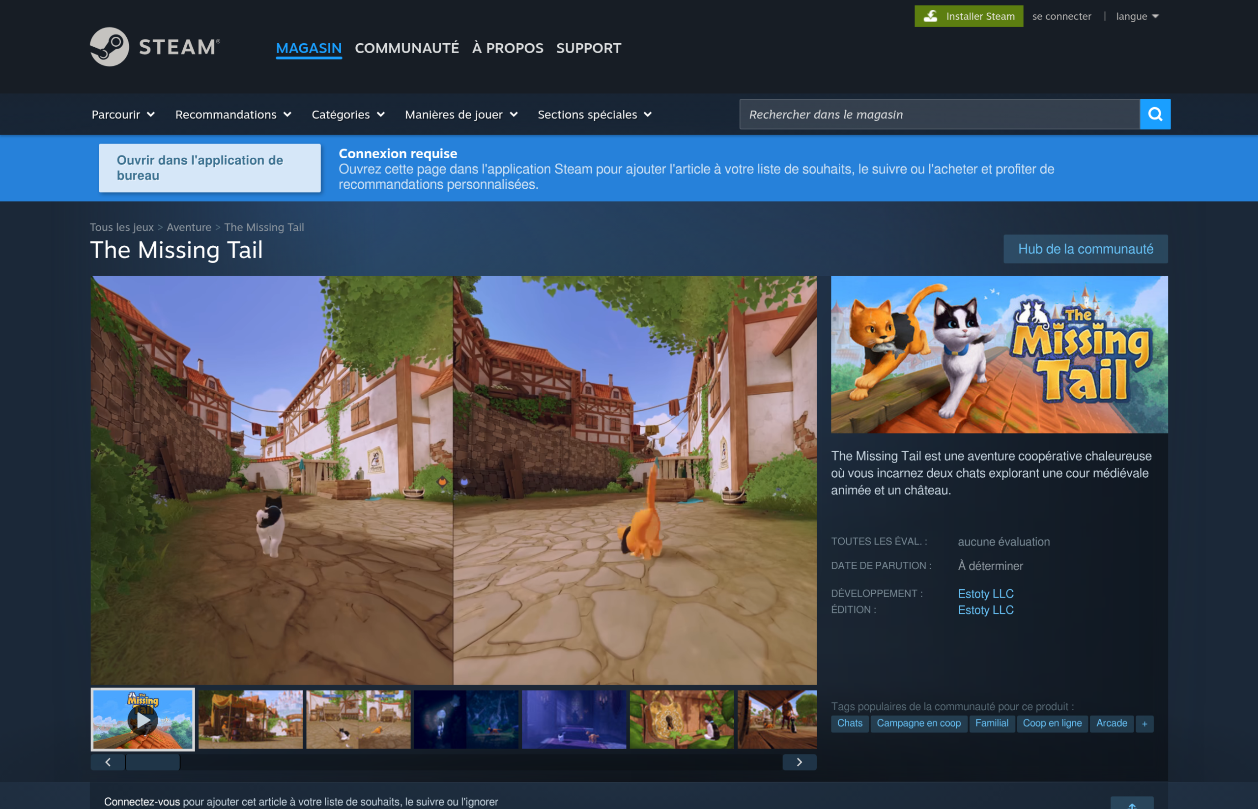 Page Steam de The Missing Tail en français : écran partagé montrant les deux chats dans une rue pavée, date de parution à déterminer, développement et édition Estoty LLC