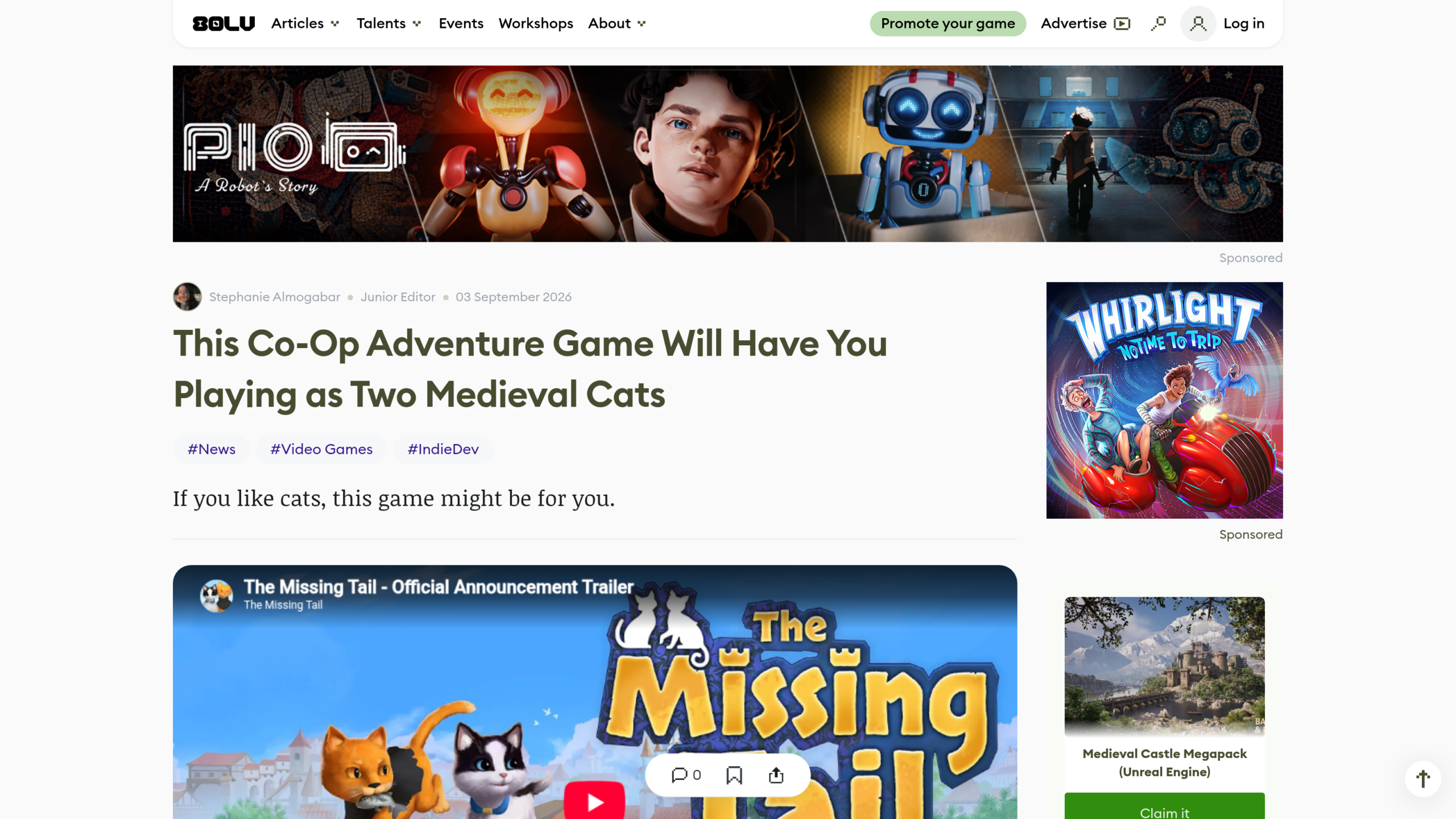 Article de 80 Level signé Stephanie Almogabar, daté du 3 septembre 2026, avec la bande-annonce officielle de The Missing Tail intégrée