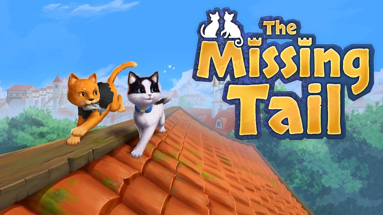Official illustration of The Missing Tail: a red cat and a black-and-white cat with a blue collar on a tiled roof, with the game's logo