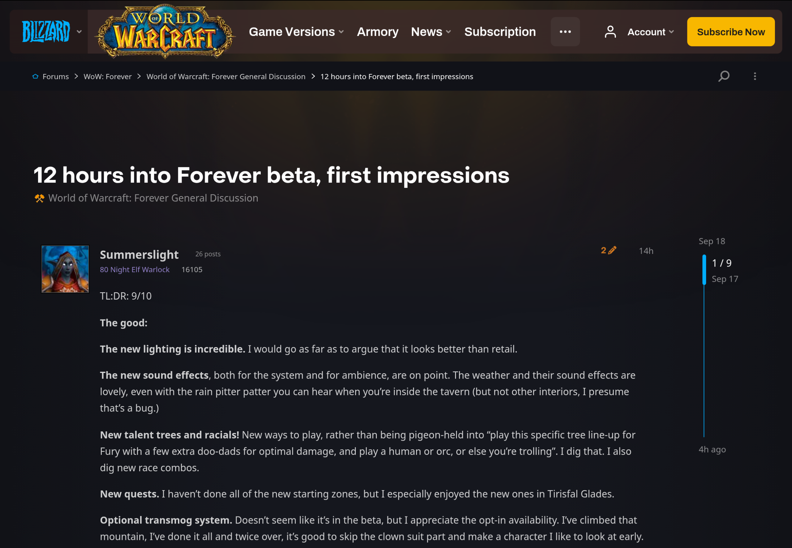 Fil du forum officiel World of Warcraft Forever ouvert par Summerslight, titré 12 hours into Forever beta, first impressions, avec sa note de 9 sur 10