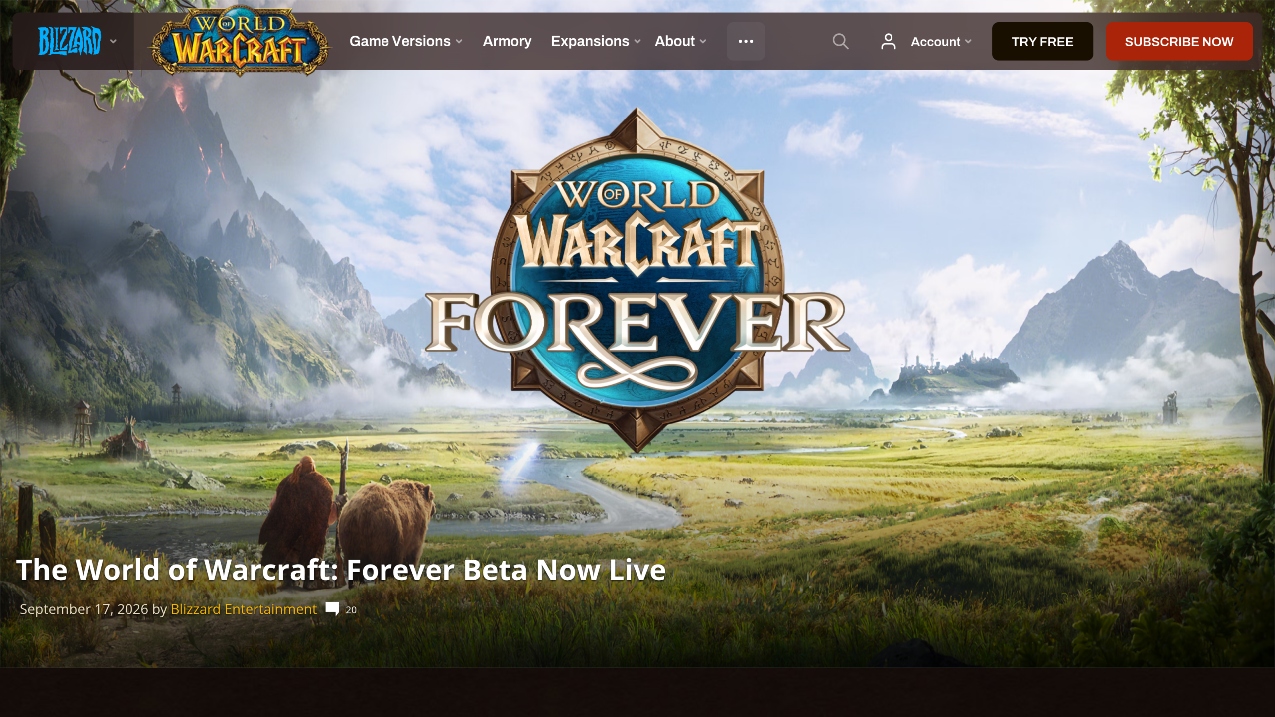 Annonce officielle de Blizzard datée du 17 septembre 2026, The World of Warcraft Forever Beta Now Live, avec le logo du jeu devant une plaine et des montagnes