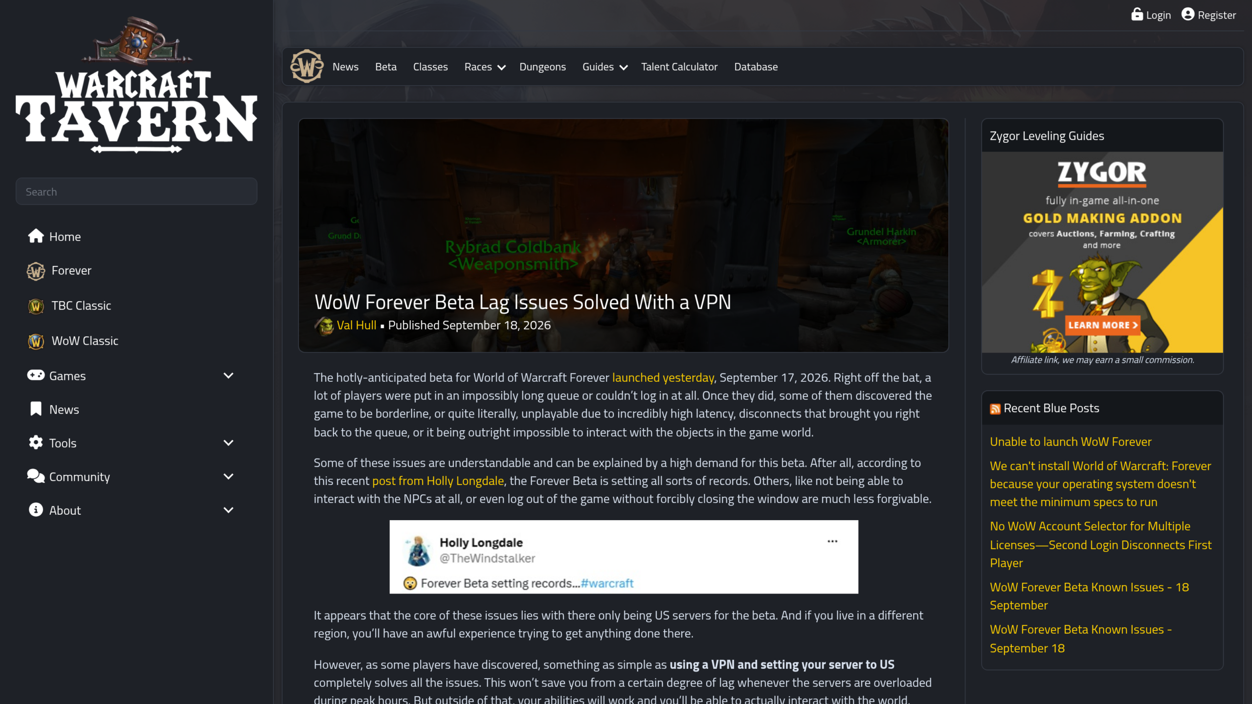 Article de Warcraft Tavern signé Val Hull, publié le 18 septembre 2026, titré WoW Forever Beta Lag Issues Solved With a VPN, avec le message de Holly Longdale