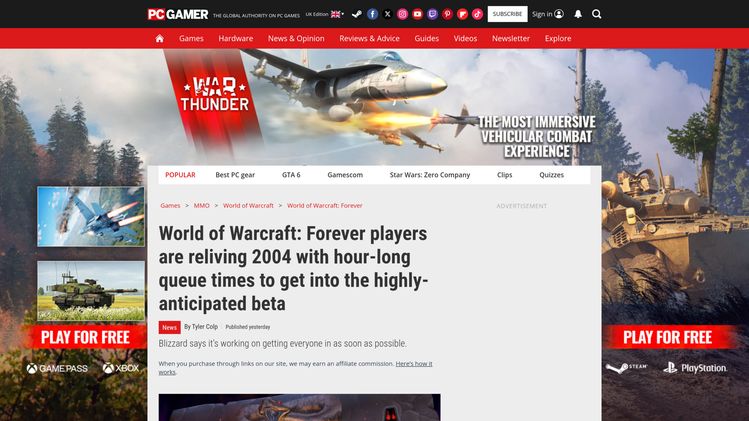 Article de PC Gamer signé Tyler Colp, titré World of Warcraft Forever players are reliving 2004 with hour-long queue times