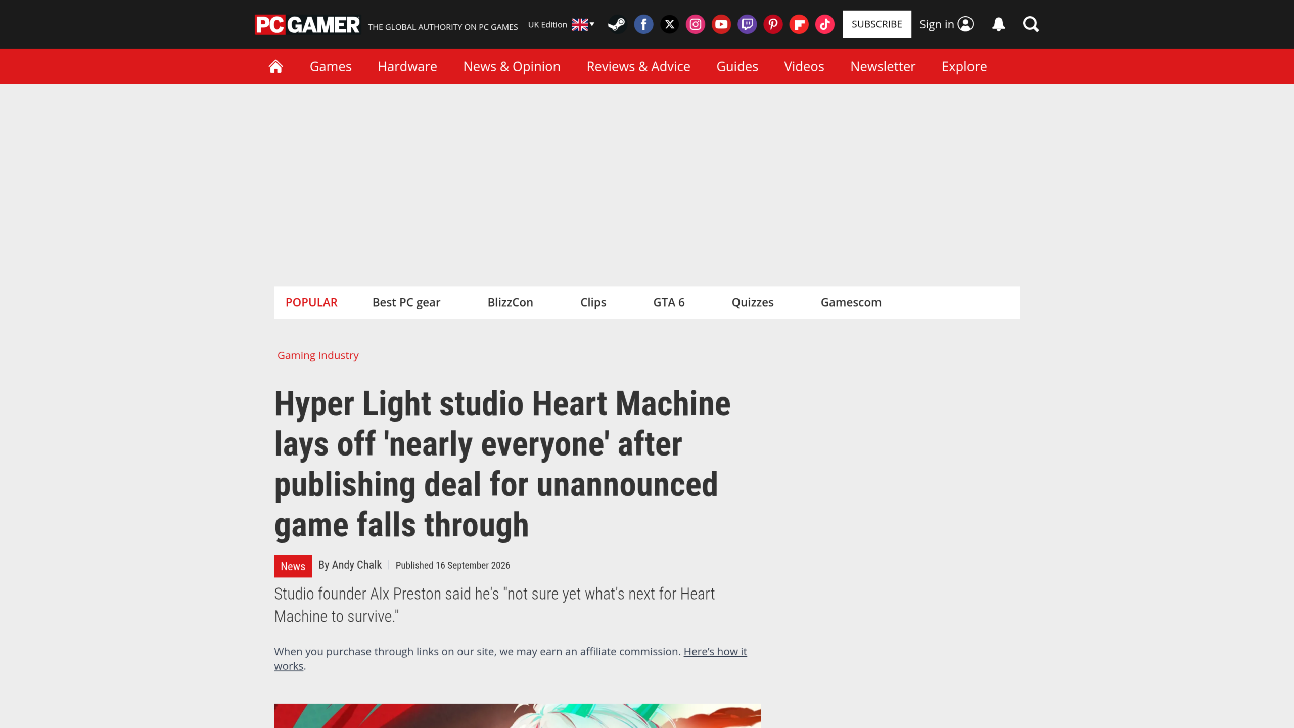 Capture d'écran de l'article de PC Gamer daté du 16 septembre 2026, premier grand média à relayer l'annonce.