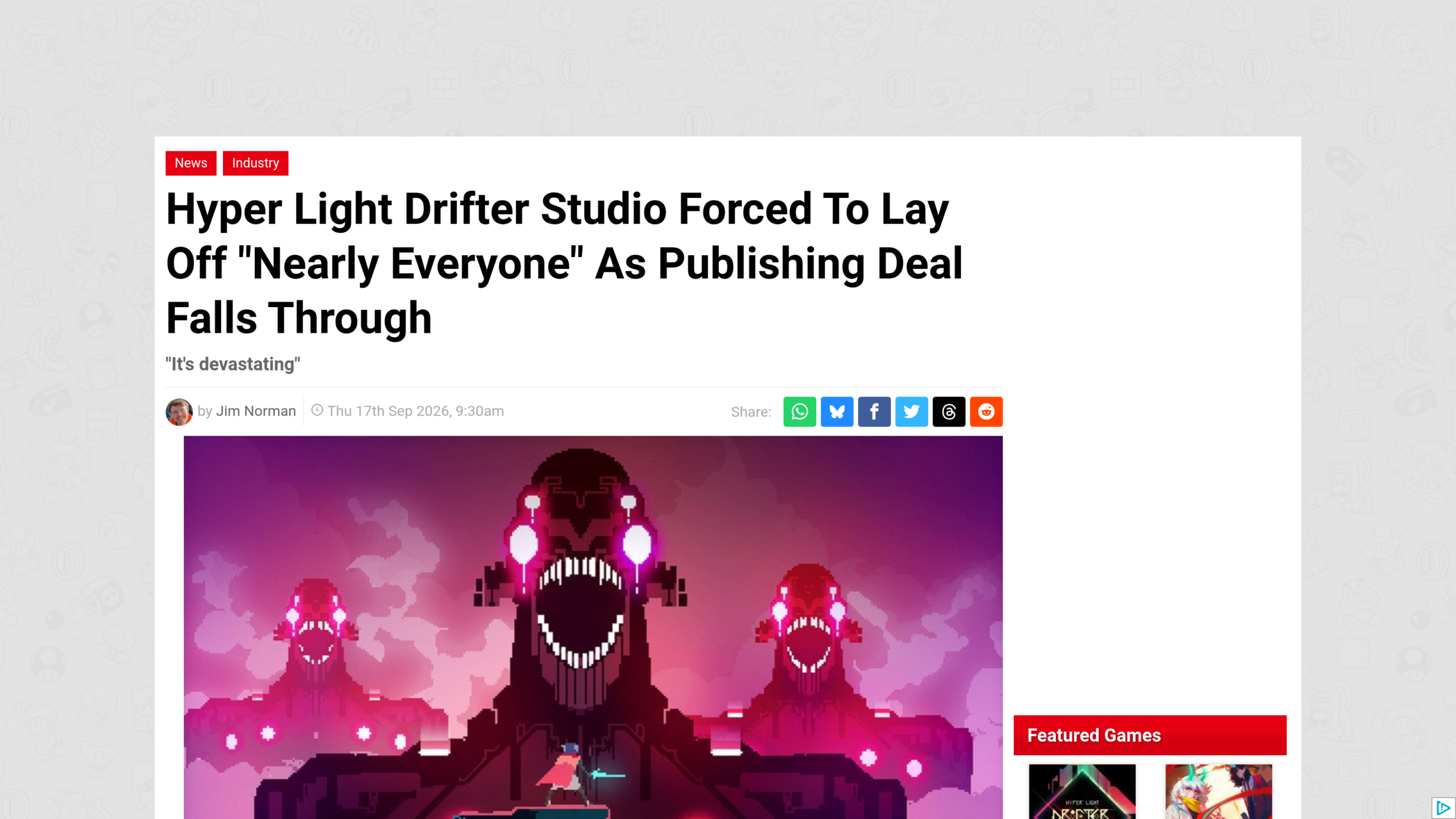 Capture d'écran de l'article de Nintendo Life daté du 17 septembre 2026, avec le titre et une citation d'Alx Preston.