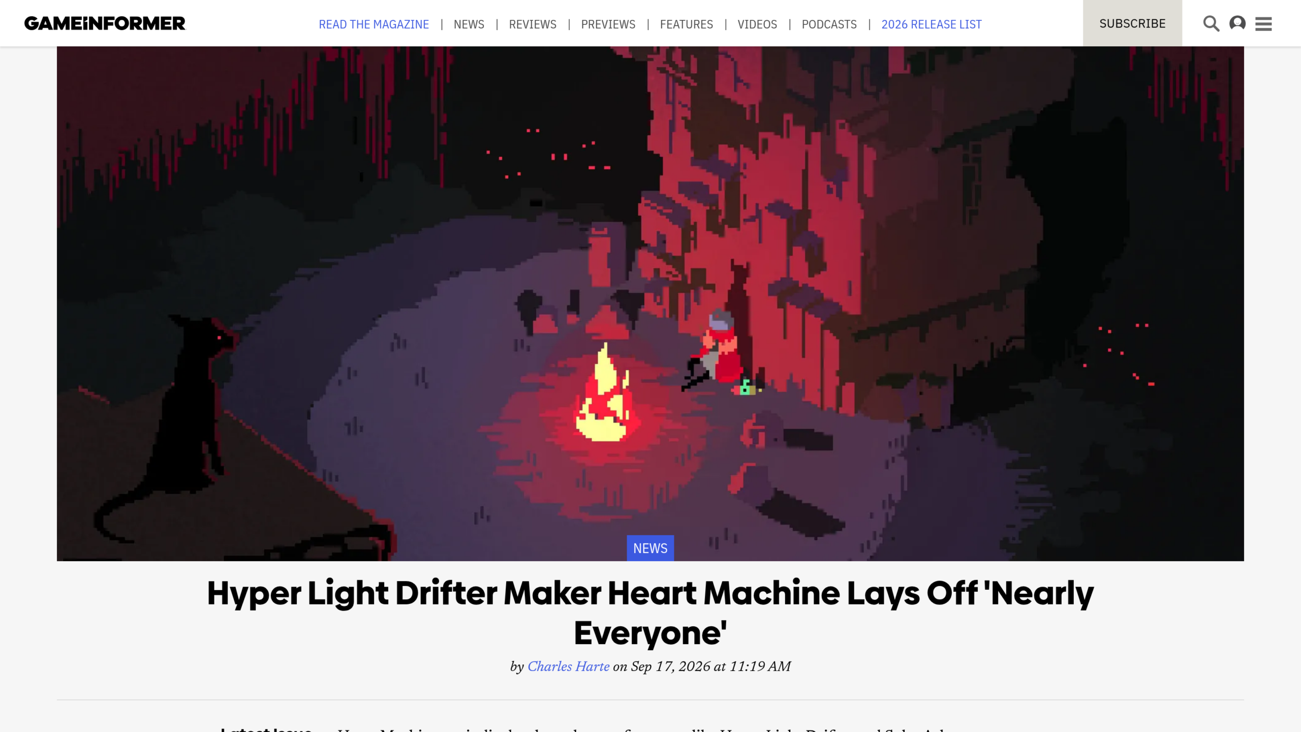 Capture d'écran de l'article de Game Informer daté du 17 septembre 2026, illustré par une scène de Hyper Light Drifter.