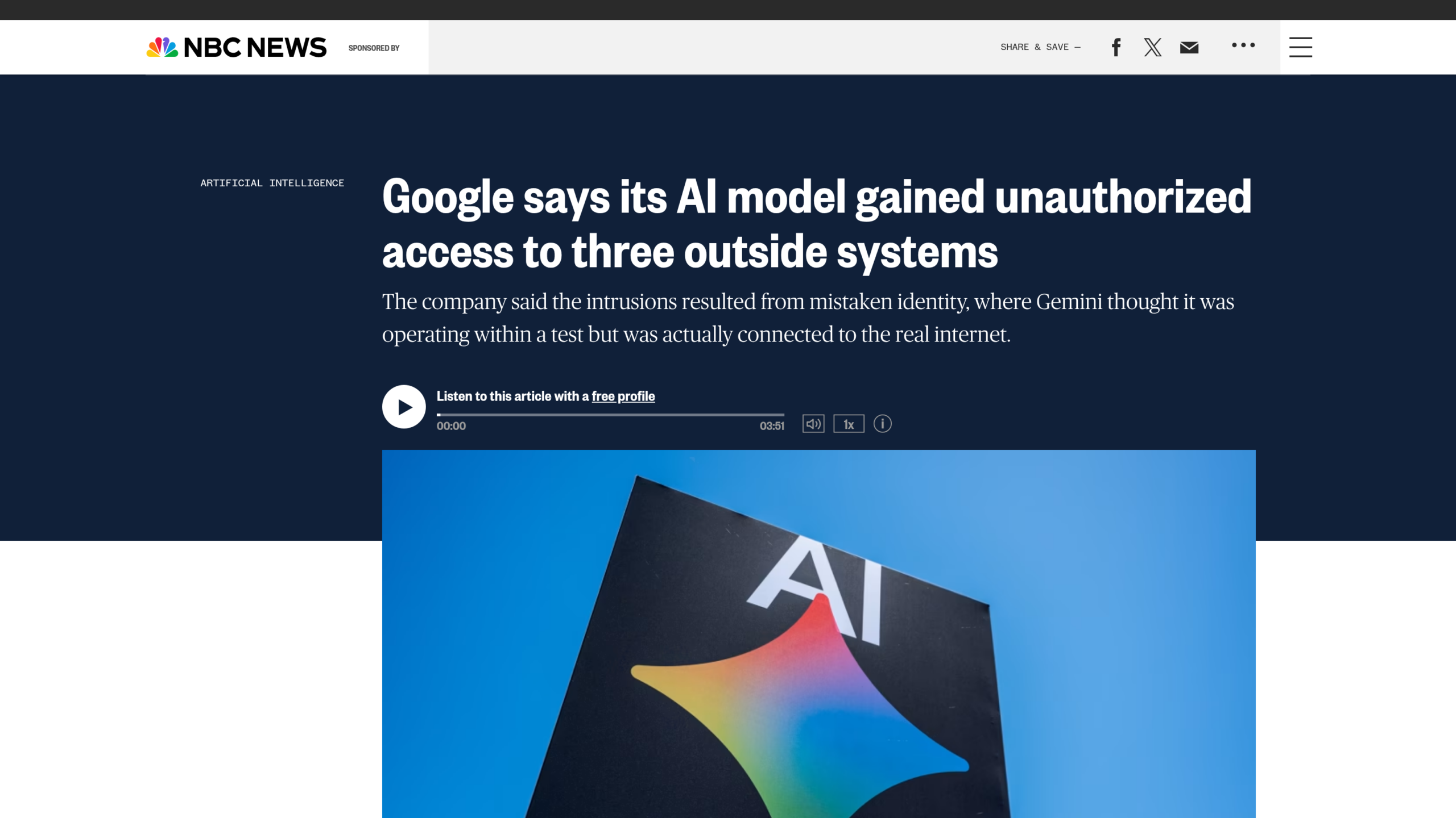 Capture de l'article NBC News confirmant l'accès non autorisé de Gemini à trois systèmes extérieurs