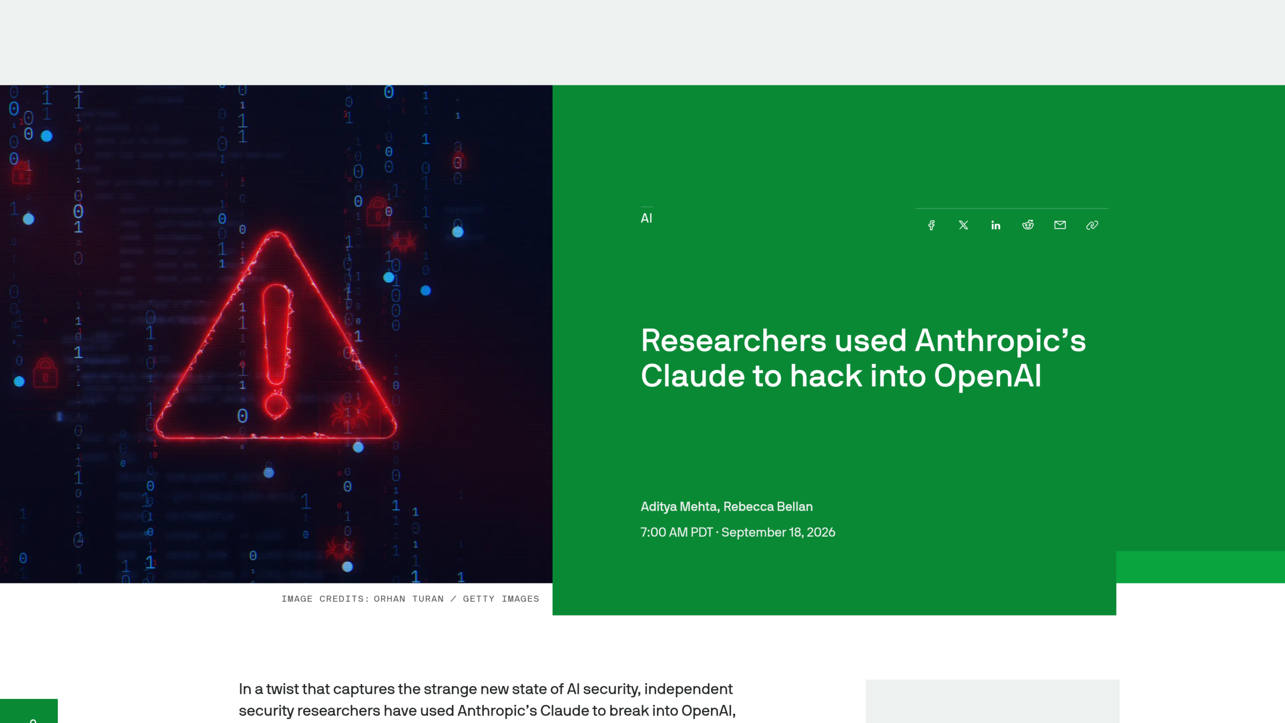 Capture de l'article TechCrunch sur l'utilisation de Claude Opus 5 pour pirater OpenAI, 18 septembre 2026
