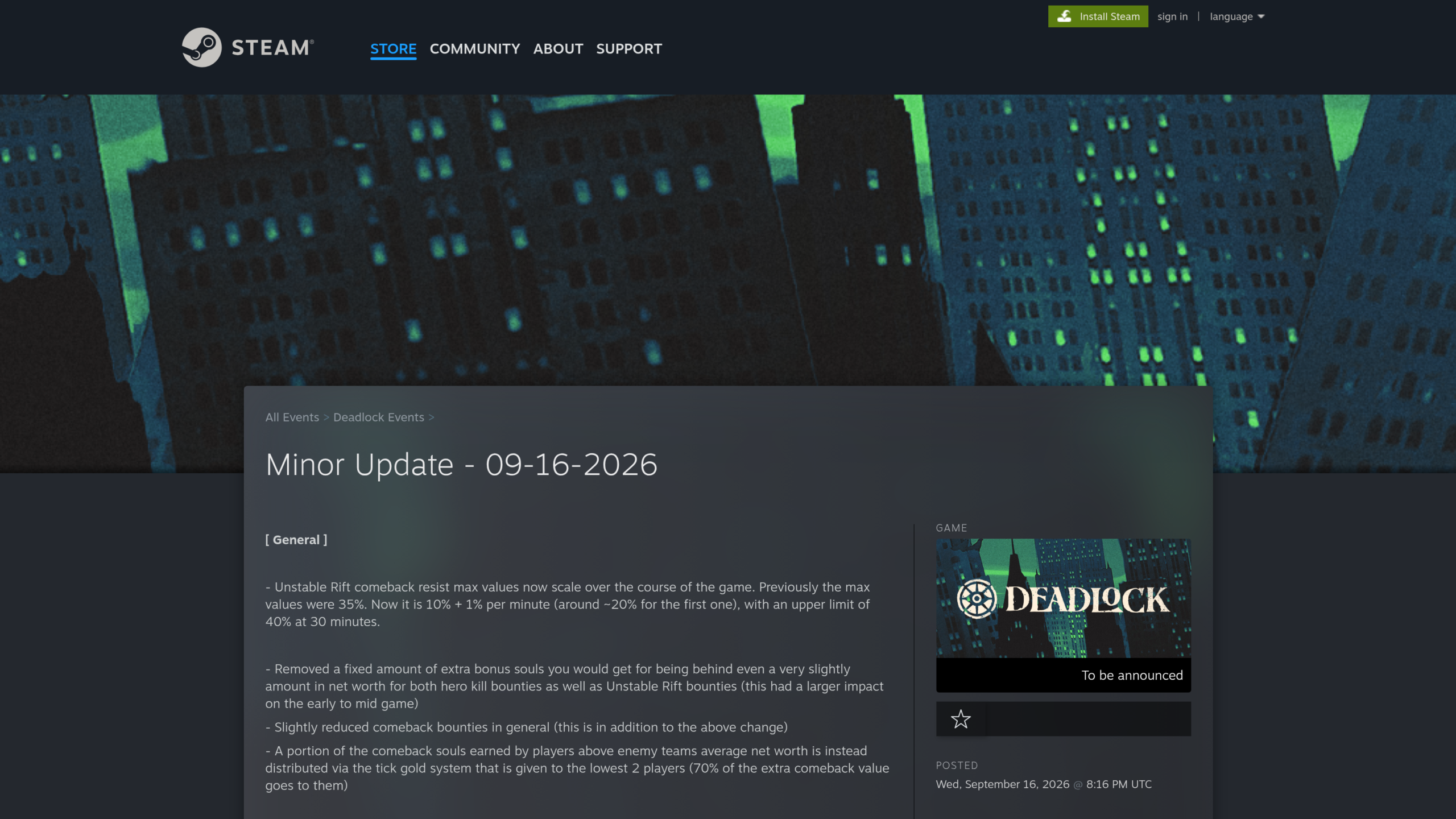 Notes de patch officielles Valve pour Deadlock, 16 septembre 2026