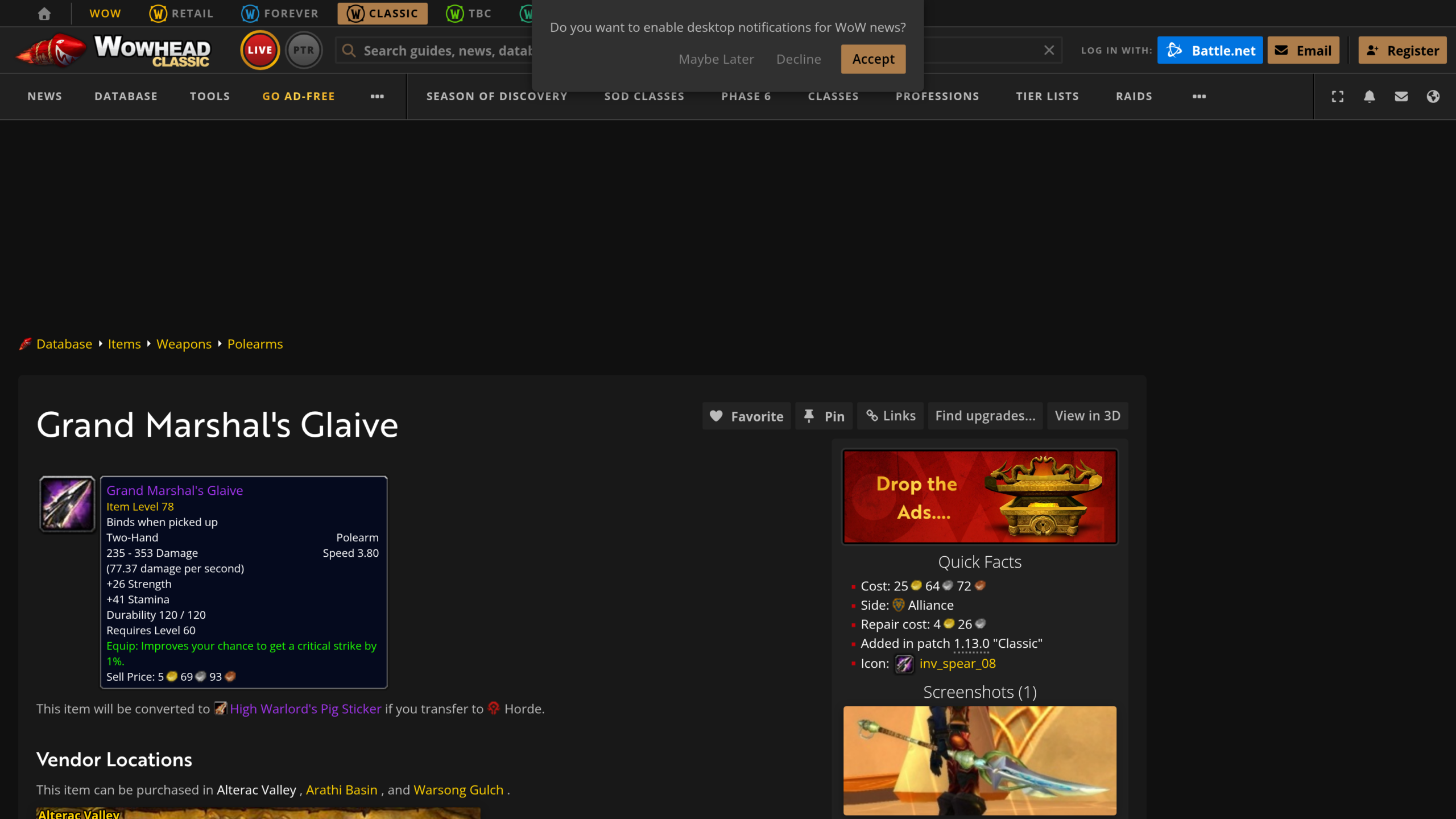 PvP WoW Forever : la fiche de la Grand Marshal's Glaive de Rang 14 sur Wowhead Classic
