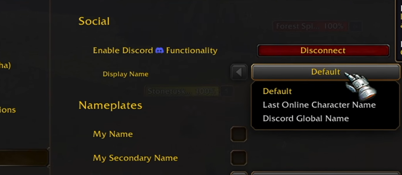 Fenêtre Options du jeu, onglet Social, avec un bouton rouge de déconnexion Discord et un menu déroulant de choix du nom affiché