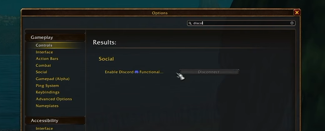 Recherche de la liaison Discord dans la fenêtre des options du jeu, avec le mot « disco » tapé dans la barre de recherche, faisant remonter la ligne Discord dans la catégorie Social