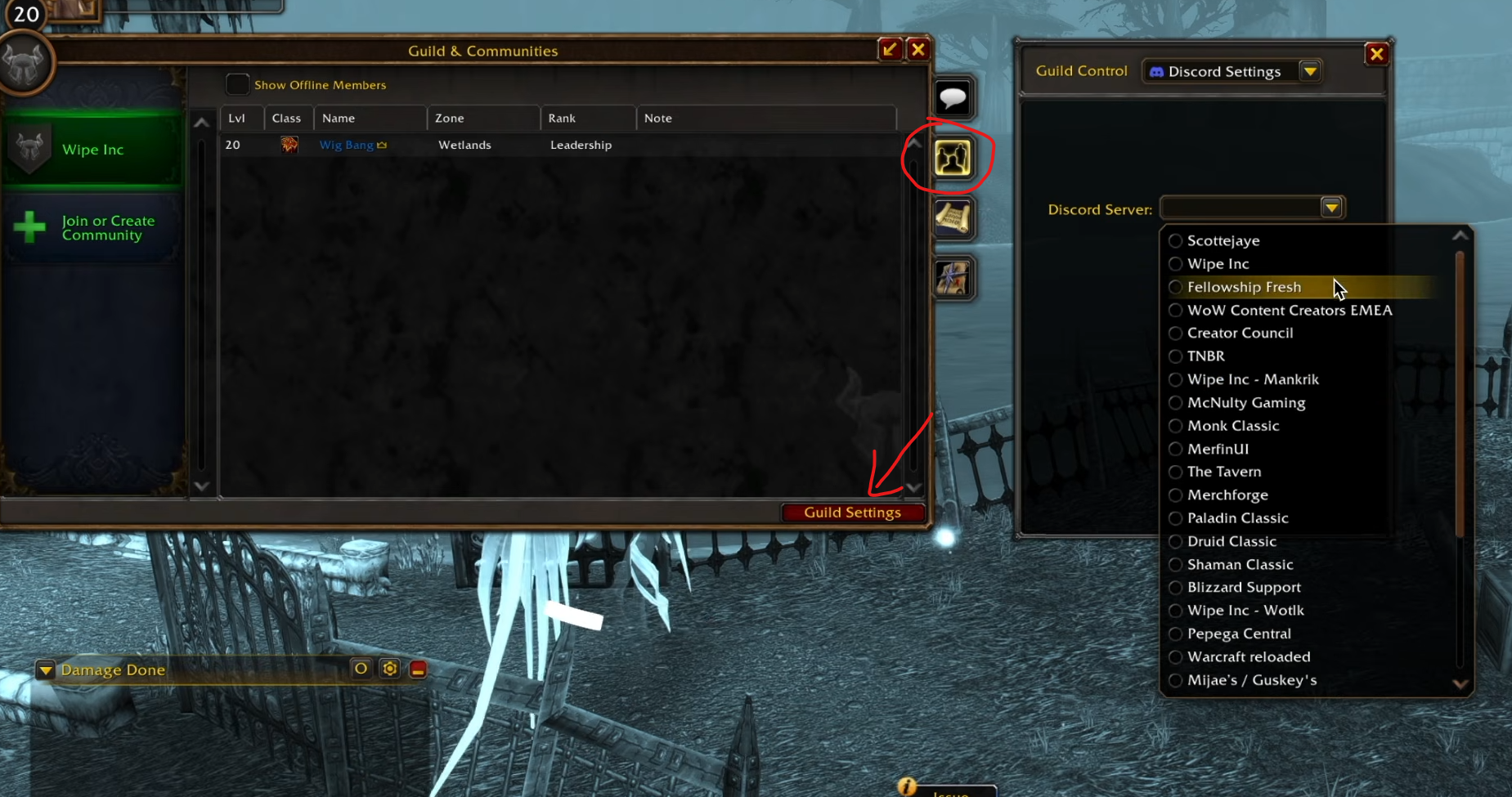 Fenêtre Guilde et communautés de la guilde Wipe Inc, avec le bouton des paramètres de guilde entouré et la liste déroulante des serveurs Discord ouverte à droite