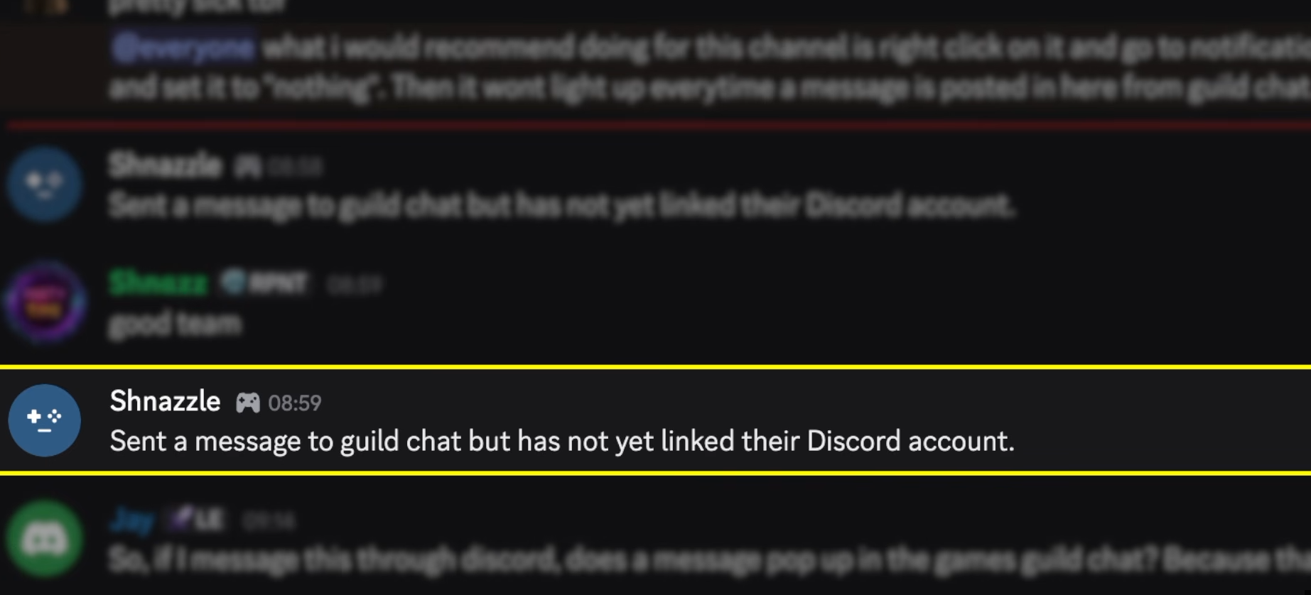 Message automatique de Discord signalant qu'un joueur a écrit dans le salon de guilde sans avoir lié son compte Discord