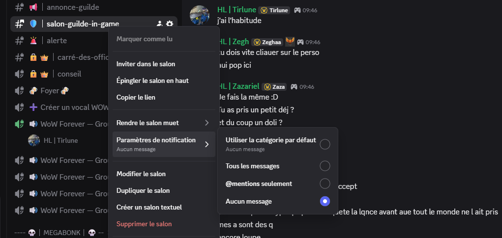 Discord en français, clic droit sur le salon salon-guilde-in-game avec le menu Paramètres de notification ouvert et l'option Aucun message sélectionnée.