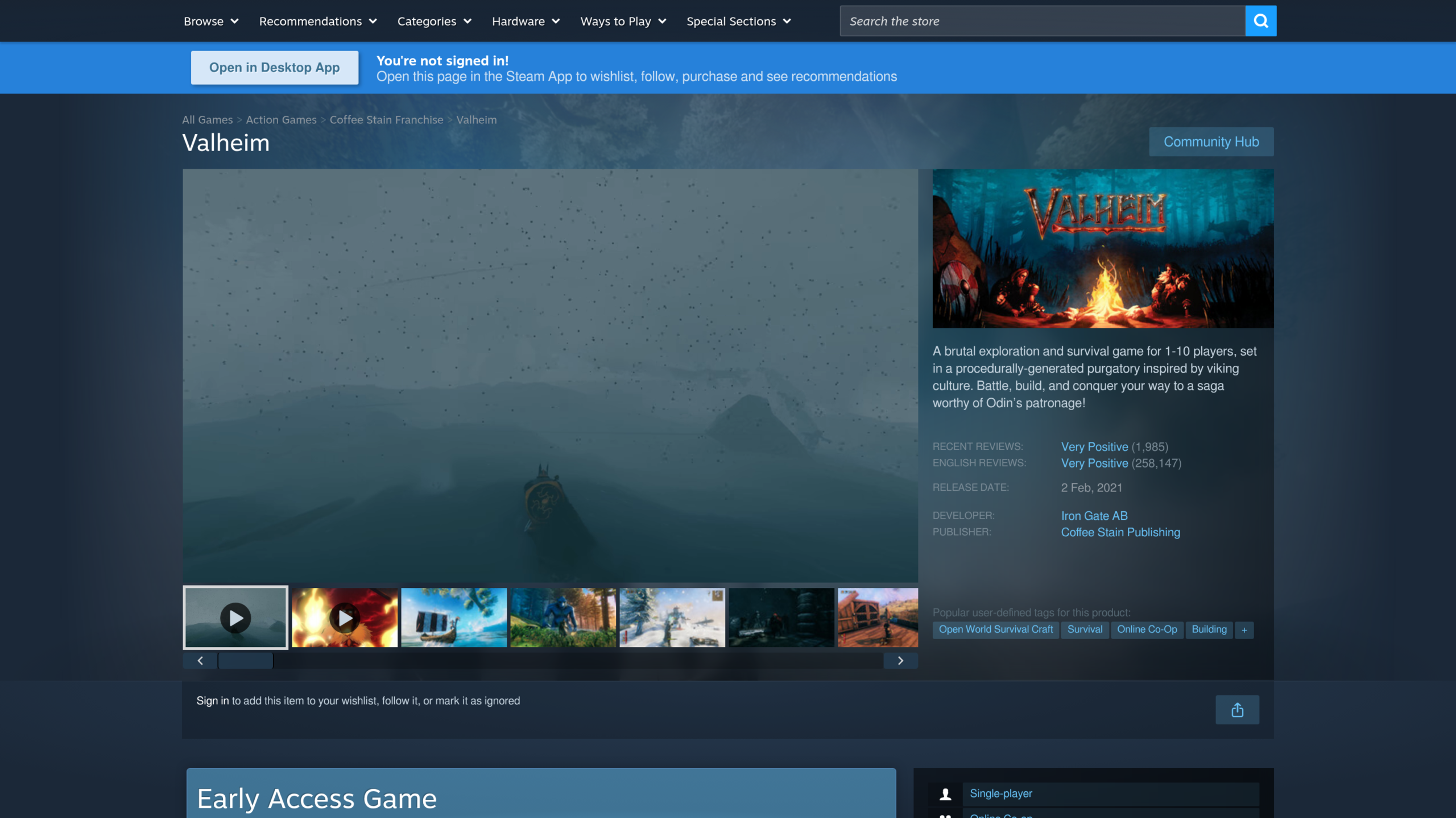 Fiche Steam de Valheim présentant le jeu de survie viking