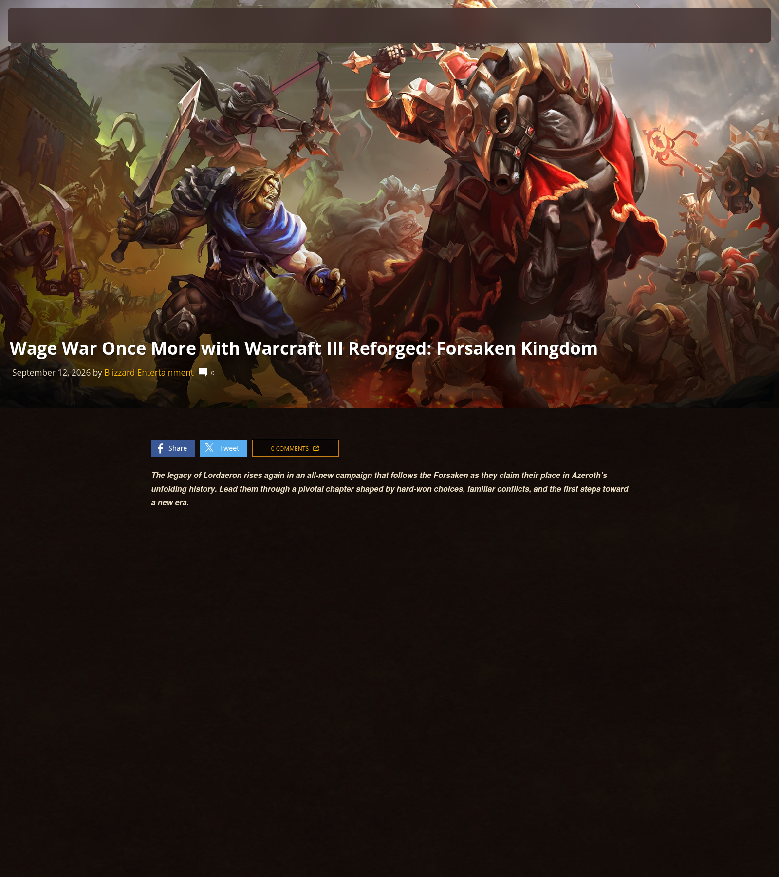 Page officielle Blizzard annonçant Warcraft III Reforged: Forsaken Kingdom, avec la bannière de bataille et l'illustration de la campagne.