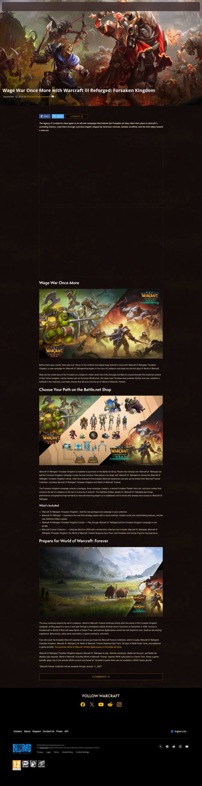 Official Blizzard page announcing Warcraft III Reforged: Forsaken Kingdom, with the campaign's battle banner and artwork.