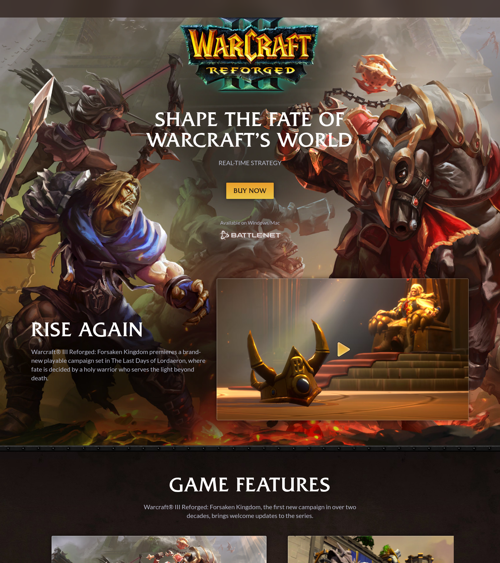 Page d'accueil du site officiel de Warcraft III Reforged avec le key art de la nouvelle campagne et l'actualité de la BlizzCon.