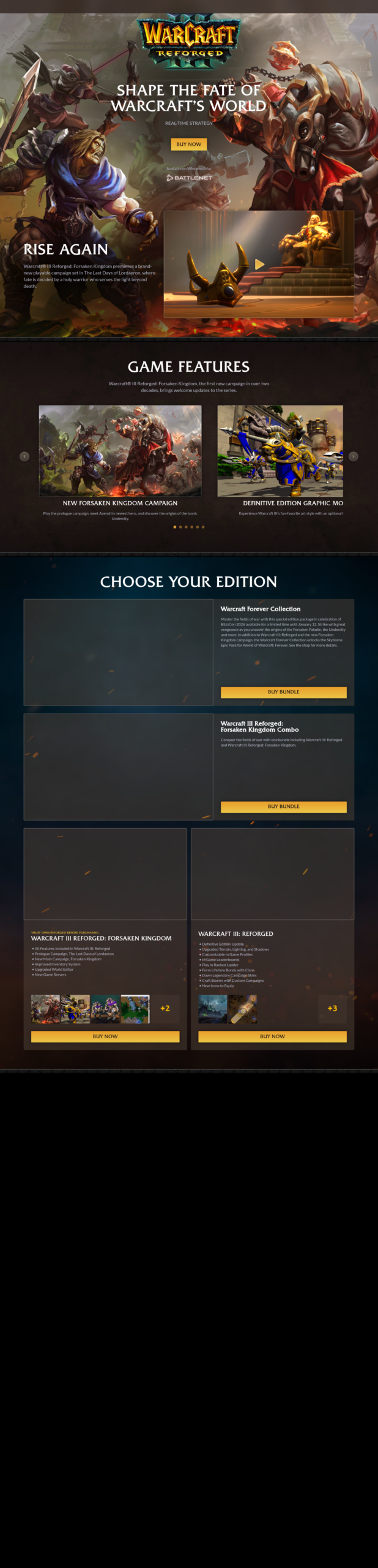 Homepage of the official Warcraft III Reforged website with the new campaign's key art and the BlizzCon news.