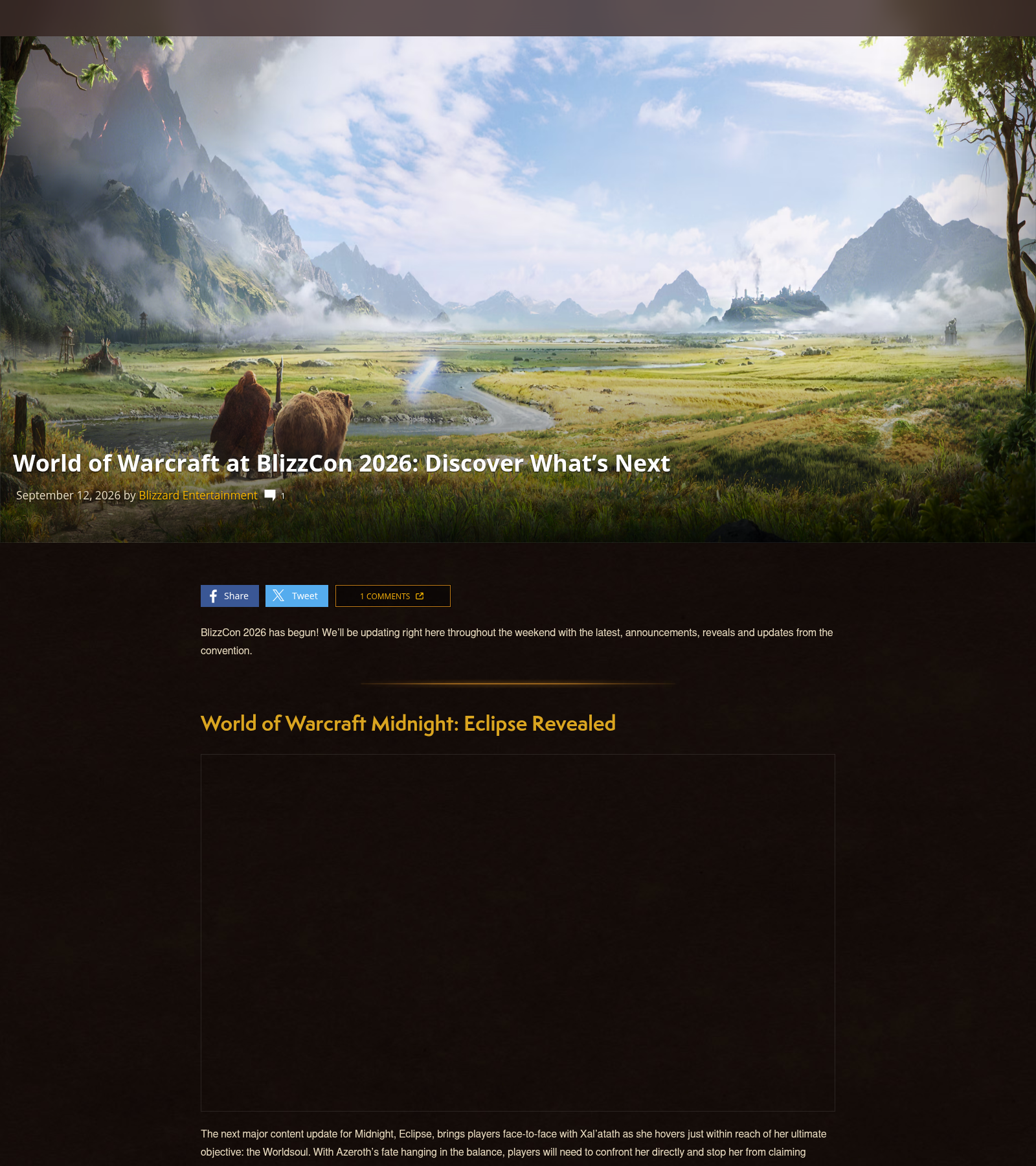 Récapitulatif officiel « World of Warcraft at BlizzCon 2026 » enchaînant les sections Eclipse, The Last Titan, Forsaken Kingdom et World of Warcraft: Forever.
